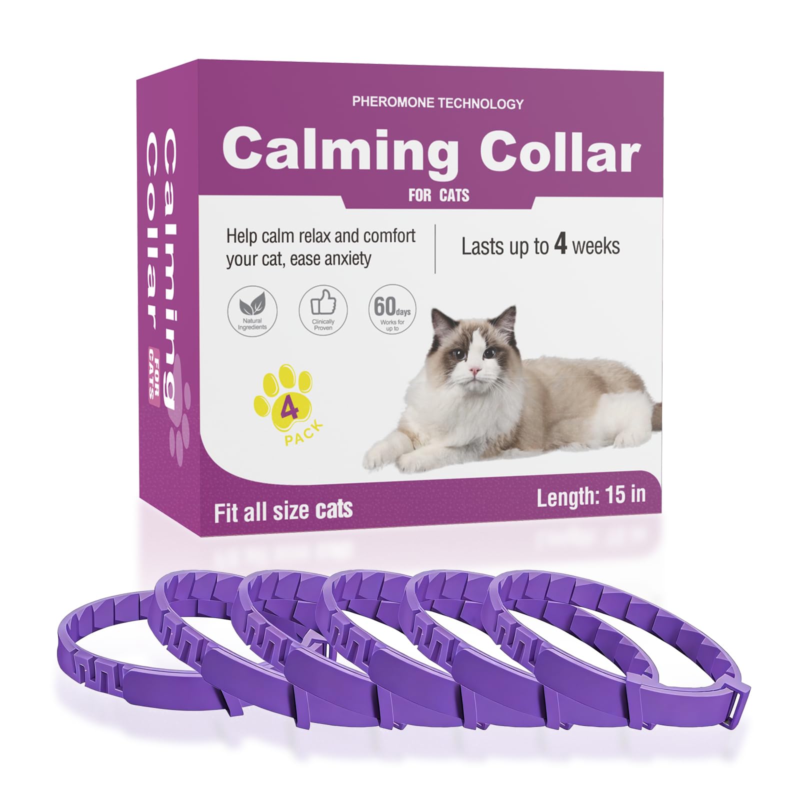 Calming Collar for Cats, Pheromone Cat Calming Collar for Anxiety Relief & Stress, Adjustable Water Resistant Breakaway Calming Collars, Natural Ingredients (Pack of 6)