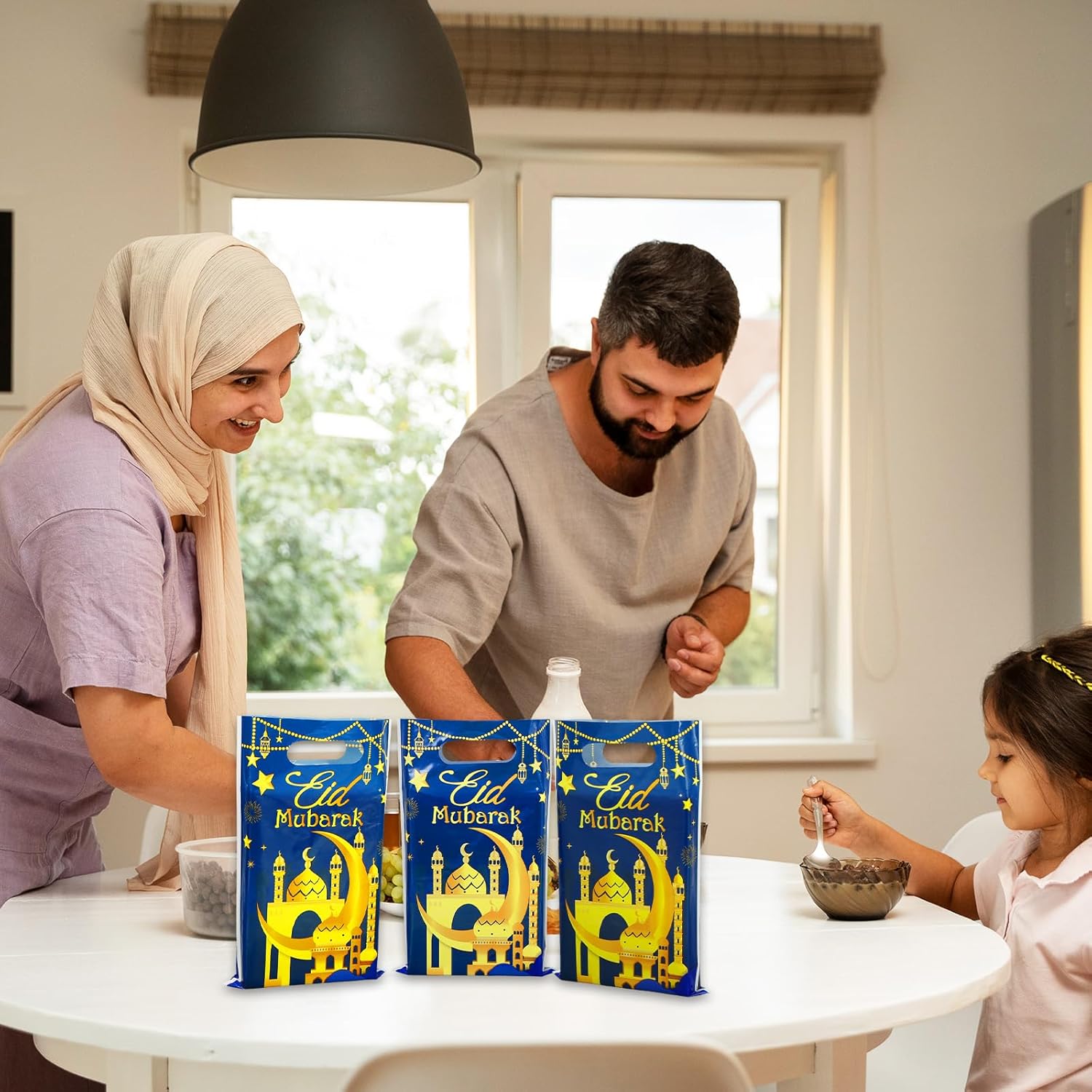 Whaline 50Pcs Eid Mubarak Party Favor Bags Ramadan Treat Bags with Handles Blue Gold Plastic Candy Goodie Bags for Islamic Muslim Party Favors Supplies - Image 6