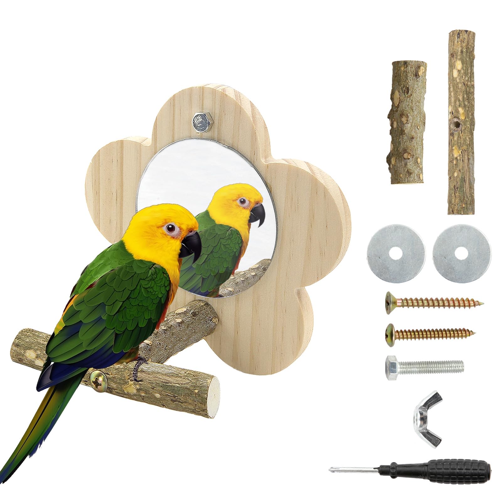 Bird Perch with Mirror Flower Shape Stand Birdcage Scrub Stand Bar for Bird Parrot Budgies Parakeet Cockatiels Conure Lovebird Cage Paw Grinding Toy