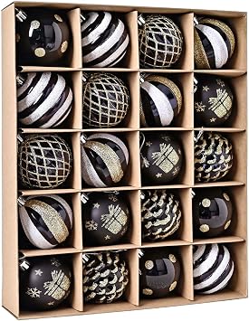 Christmas Tree Ball Ornaments 20ct Set, 2.36 Inch Black Gold White Classic Christmas Decorations, Shatterproof Hanging Ornaments for Xmas Holiday Decoration