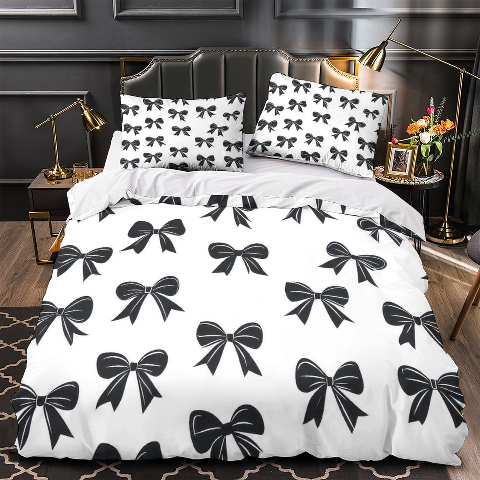 Housse de couette motif nœuds noirs 3D pour lit double chambre invités et famille