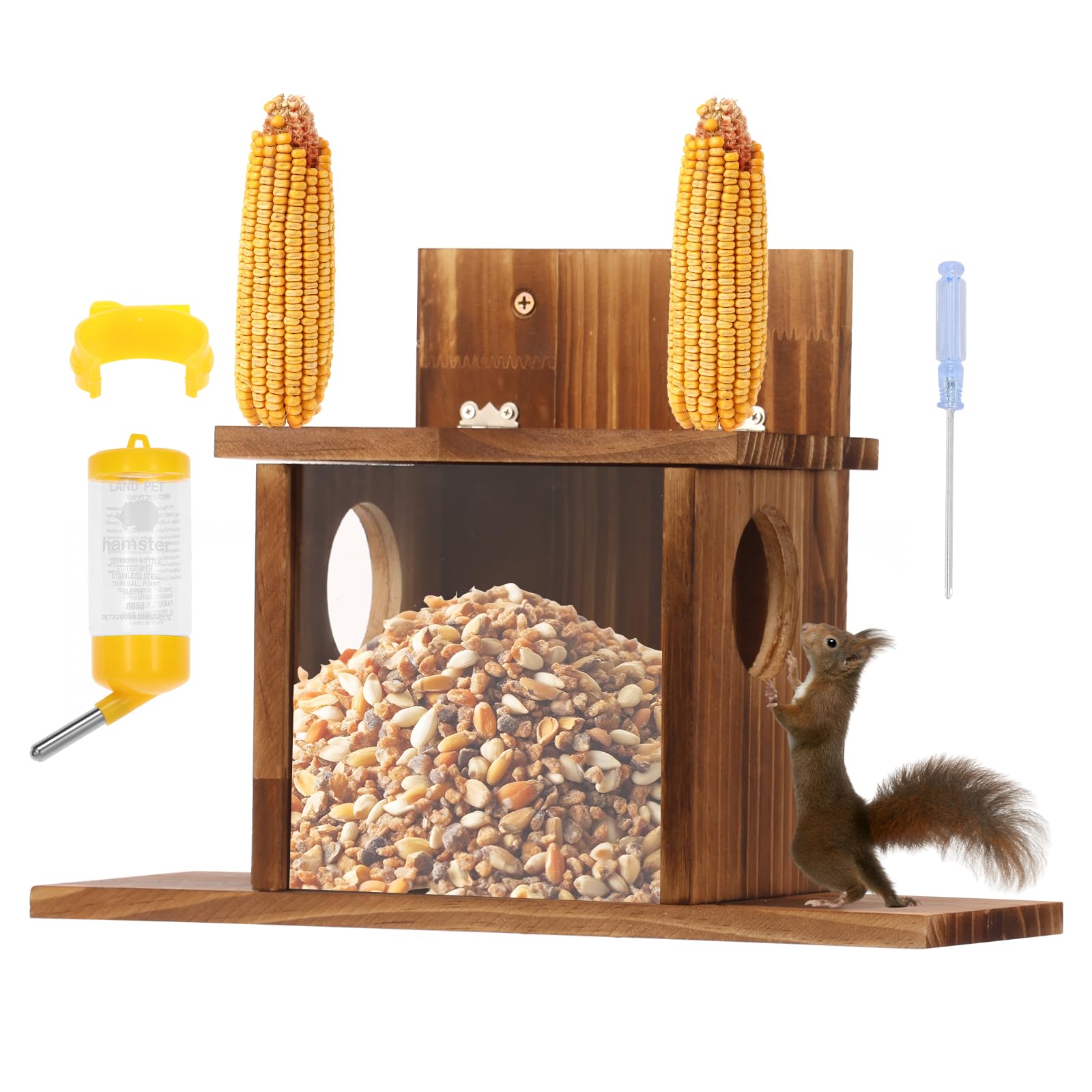Wooden Squirrel Feeder House Squirrel Feeder for Garden Large Capacity Squirrel Feeding Station Squirrel House with Flexible Roof Chipmunk Feeding Station for Backyard and Garden (Style C)