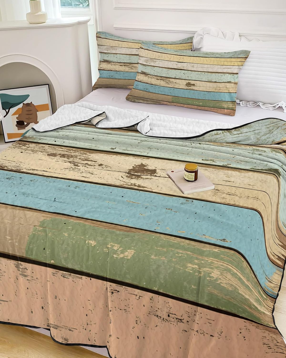 King Size Quilt Set, Vintage Country Wood Board Lightweight Bedspread Coverlet Set Soft Microfiber Summer Quilt with 2 Pillow Shams, Classic Geometric Stripe 3 Piece Comforter Bedding Set