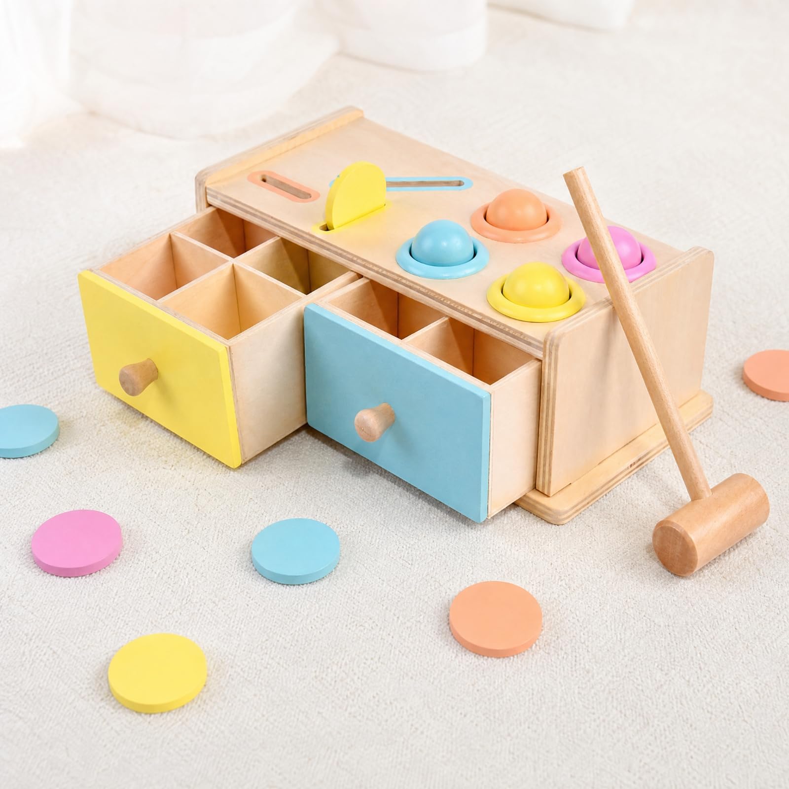 Scatola di attività di Ordinamento dei Colori e Martellamento Compatto Scatottività con Cassetti e Martello in Legno Ideale Regalo per Casa
