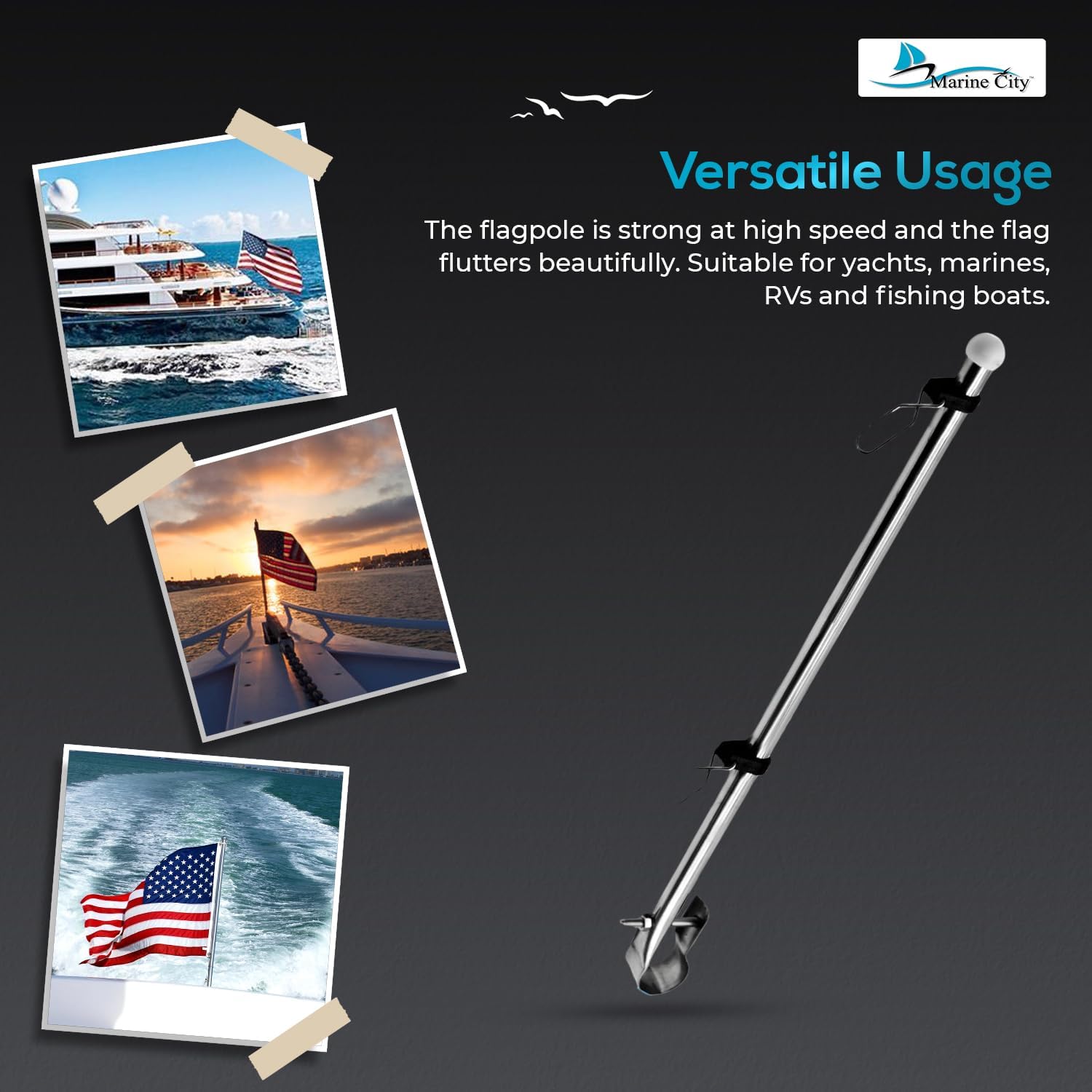MARINE CITY 304 Stainless Steel Rail Mount Flag Staff Pole with Adjustable Clamps and 12x18 Inches US Flag, Bright Polished Attractive Finish, Ideal for Marines, Boats, Yachts - Image 6