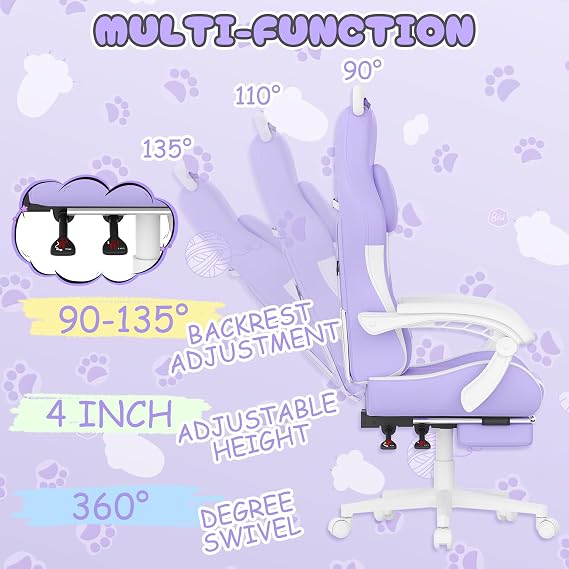 Racingreat Gaming Chair,Ergonomic Gaming Chair with Cat Ears for Girls Adults, Height Adjustable Reclining Computer Game Chair Comfortable with Headrest and Massage Lumbar Support (Purple)