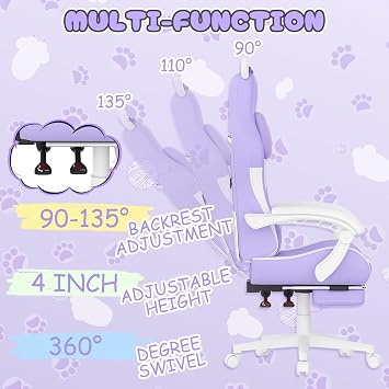Racingreat Gaming Chair,Ergonomic Gaming Chair with Cat Ears for Girls Adults, Height Adjustable Reclining Computer Game Chair Comfortable with Headrest and Massage Lumbar Support (Purple)
