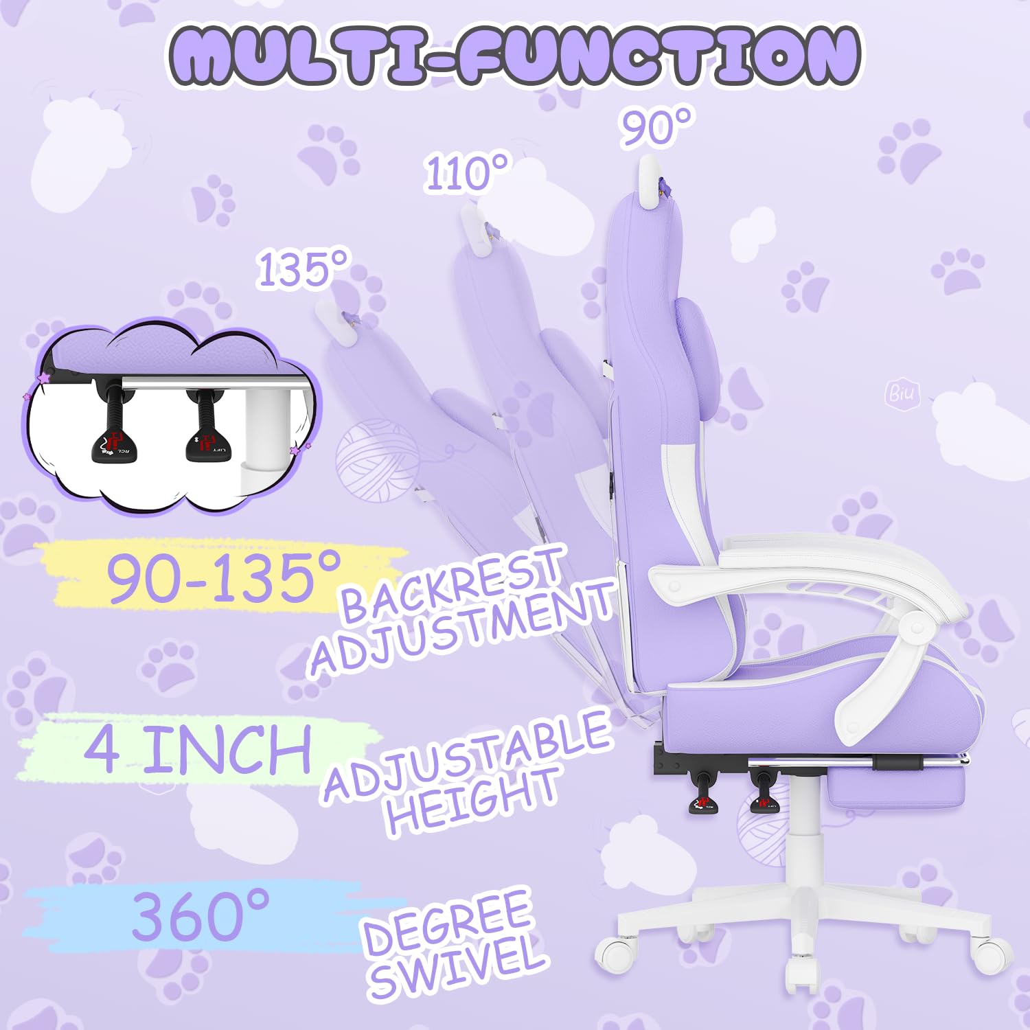 bigzzia Chaise de Gaming Ergonomique avec Oreilles de Chat pour Filles et Adultes, Chaise de Jeu d'ordinateur réglable en Hauteur avec Appui-tête et Support Lombaire de Massage (Violet et Blanc)