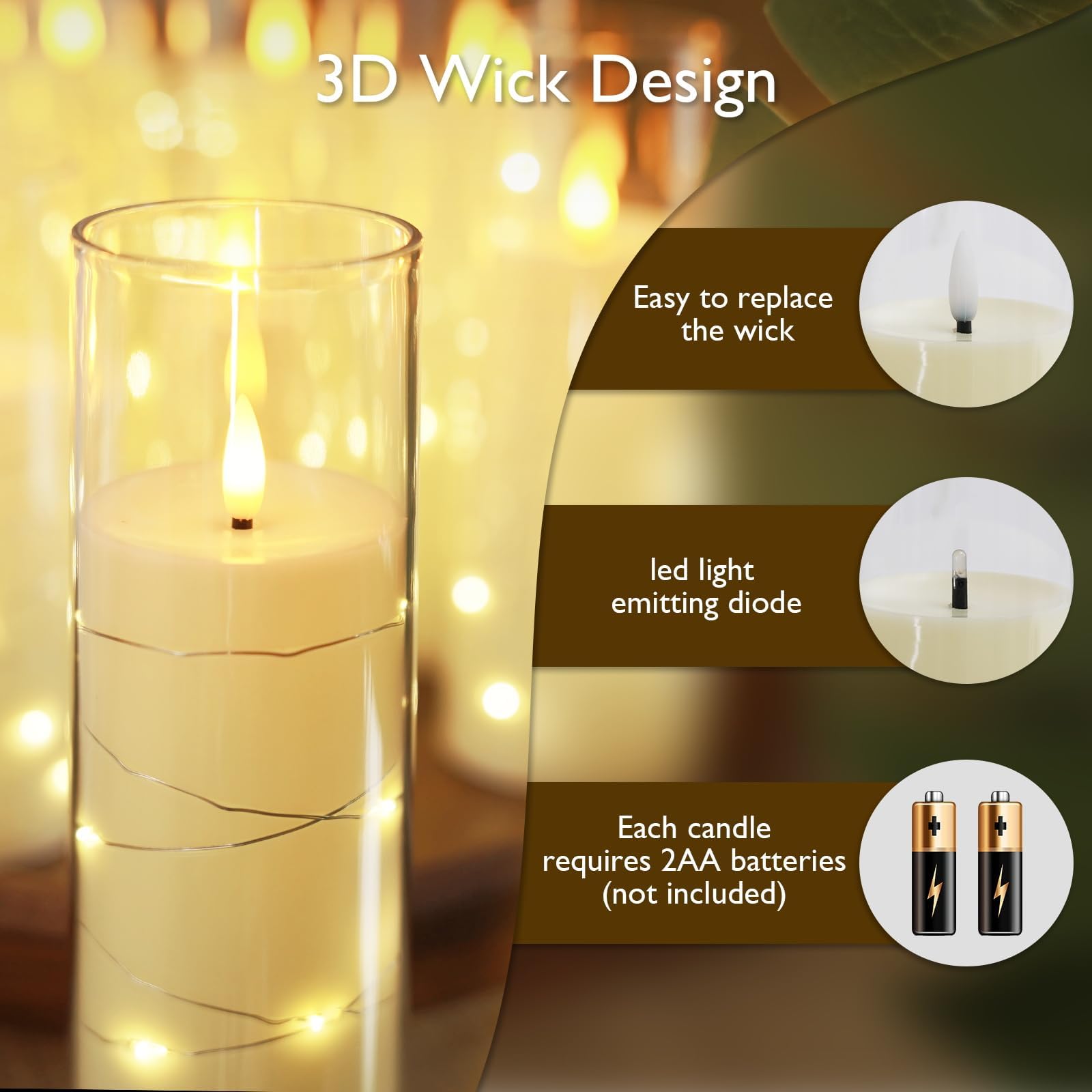 Homemory Candele tremolanti senza fiamma con catena luminosa, candele alimentate a batteria con telecomando e timer, luci a LED, in acrilico, decorazione per la casa, bianco, set da 9
