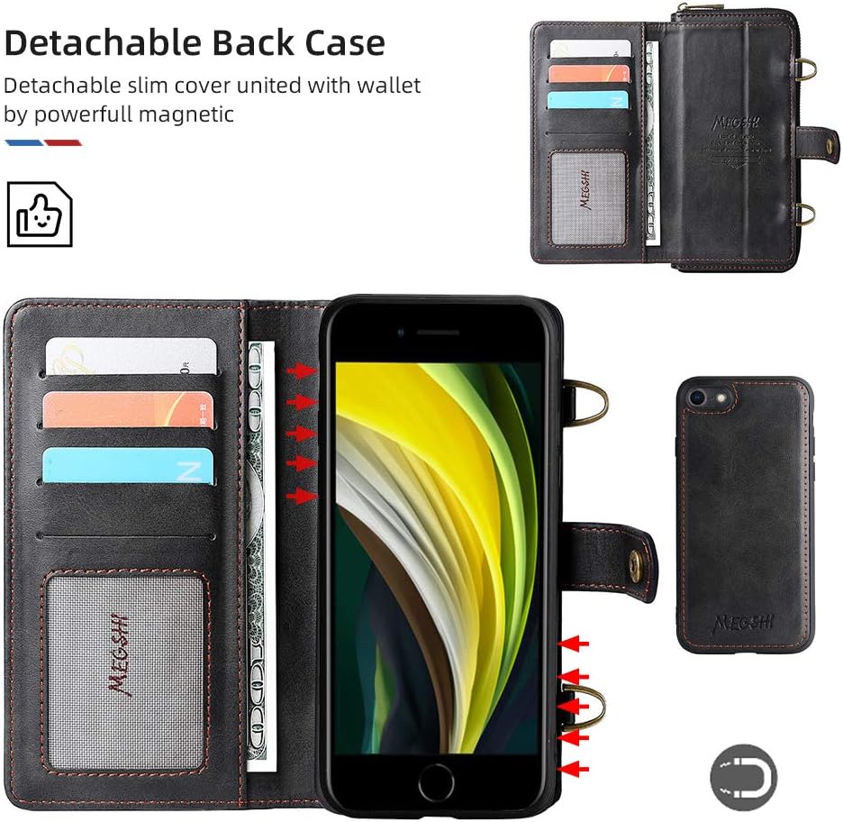 iPhone SE 2020 Wallet Case, iPhone 7/ iPhone 8 Case, XRPow [2 in 1] Magnetic Detachable Wallet Purse [Crossbody Chain] Durable [PU Leather] Zipper Handbag Folio Flip Card Solt Protection Back Cover