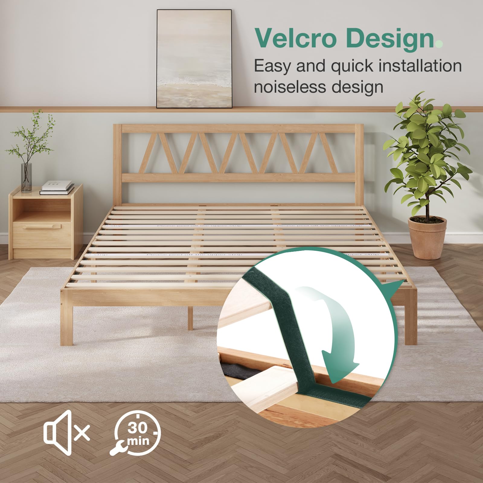 ウッドプラットフォーム　キングサイズ OKD Farmhouse King Bed Frame, Wood Platform Bed with Bookcase