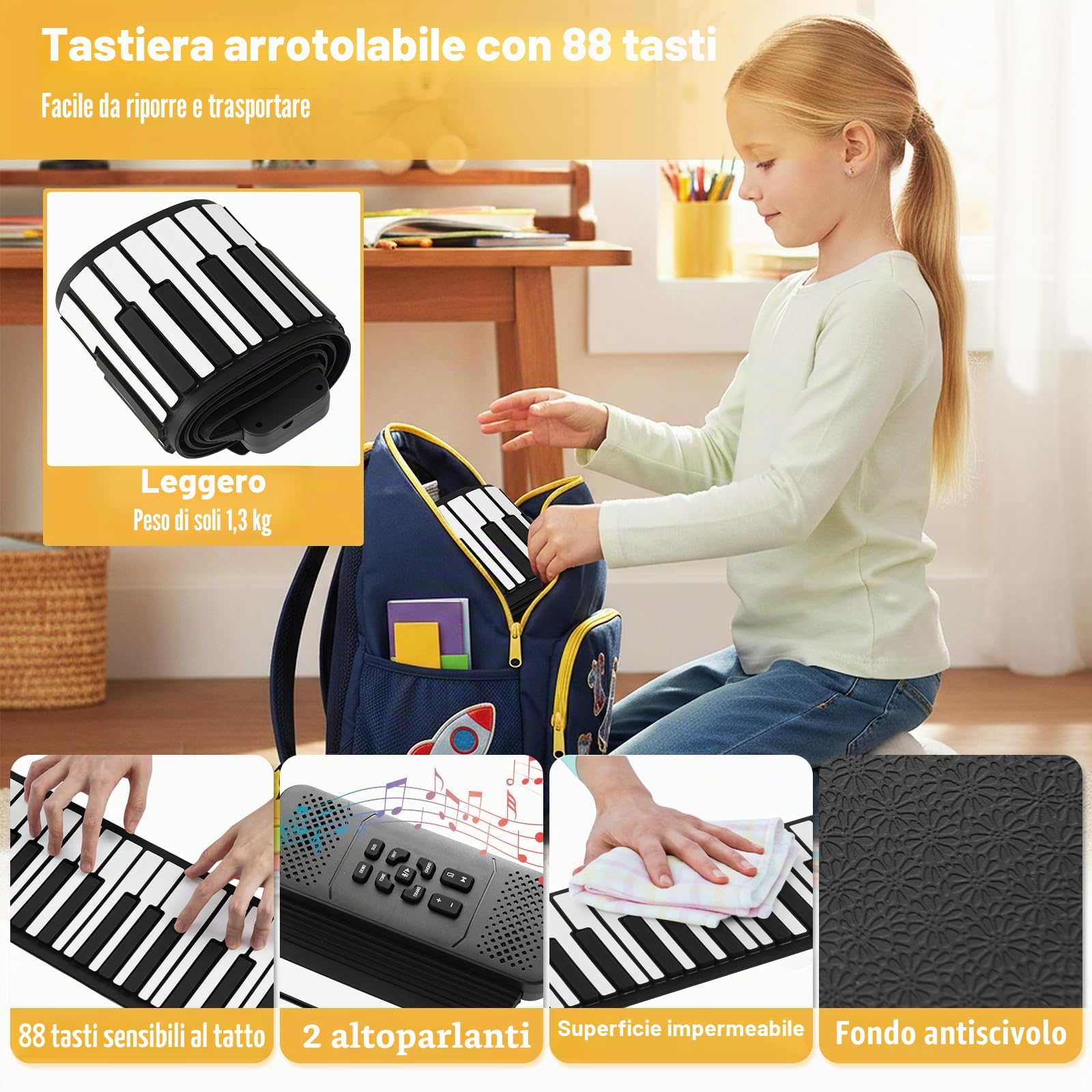 KOMFOTTEU Piano Digitale Avvolgibile da 88 Tasti, Piano Elettronico Pieghevole con 128 Ritmi e Suoni, 14 Dimostrazioni, Tastiera di Piano con Funzione MIDI