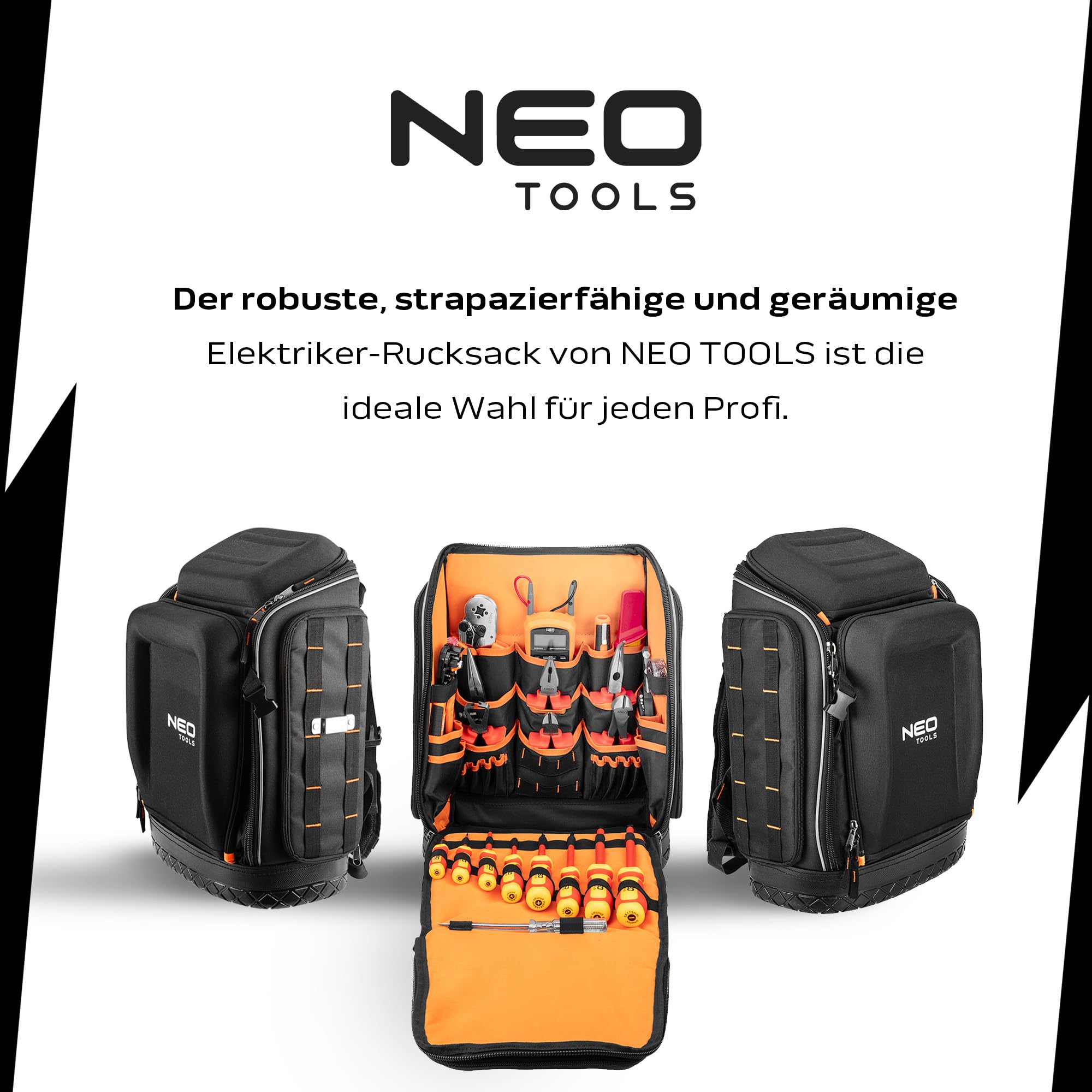 NEO TOOLS Werkzeugtasche für Elektriker, 31-teilig, Werkzeugtasche für Elektriker, 26 Taschen, Mobiles und langlebiges Elektrowerkzeugset im Rucksack, 01-313
