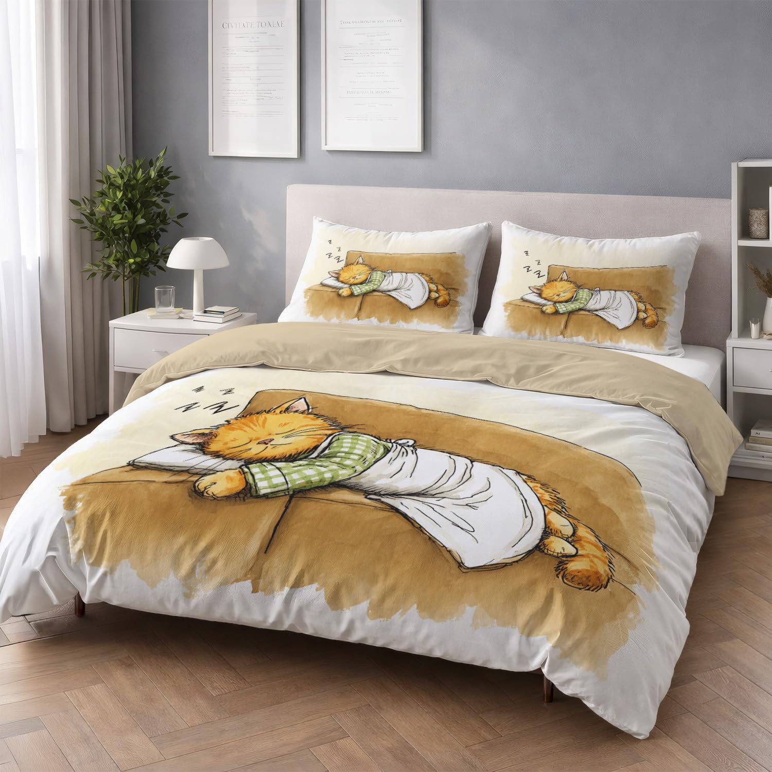 Jasnobeżowa 3-częściowa pościel 200 x 200 cm, miękka i oddychająca mikrofibra, odpowiednia dla alergików, poszewka na kołdrę z poszewkami na poduszki, z kreskówki, śpiący kot, przytulny, jasnobeżowy