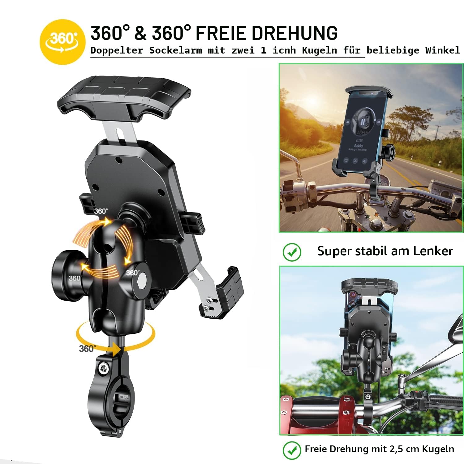 iMESTOU Anti-Diebstahl Motorrad Telefon Halterung Handlebar Ball Handy-Halter mit Aluminium 1" Ball Base 360 Rotation Universal für 4,0-7,0 Zoll Smartphones