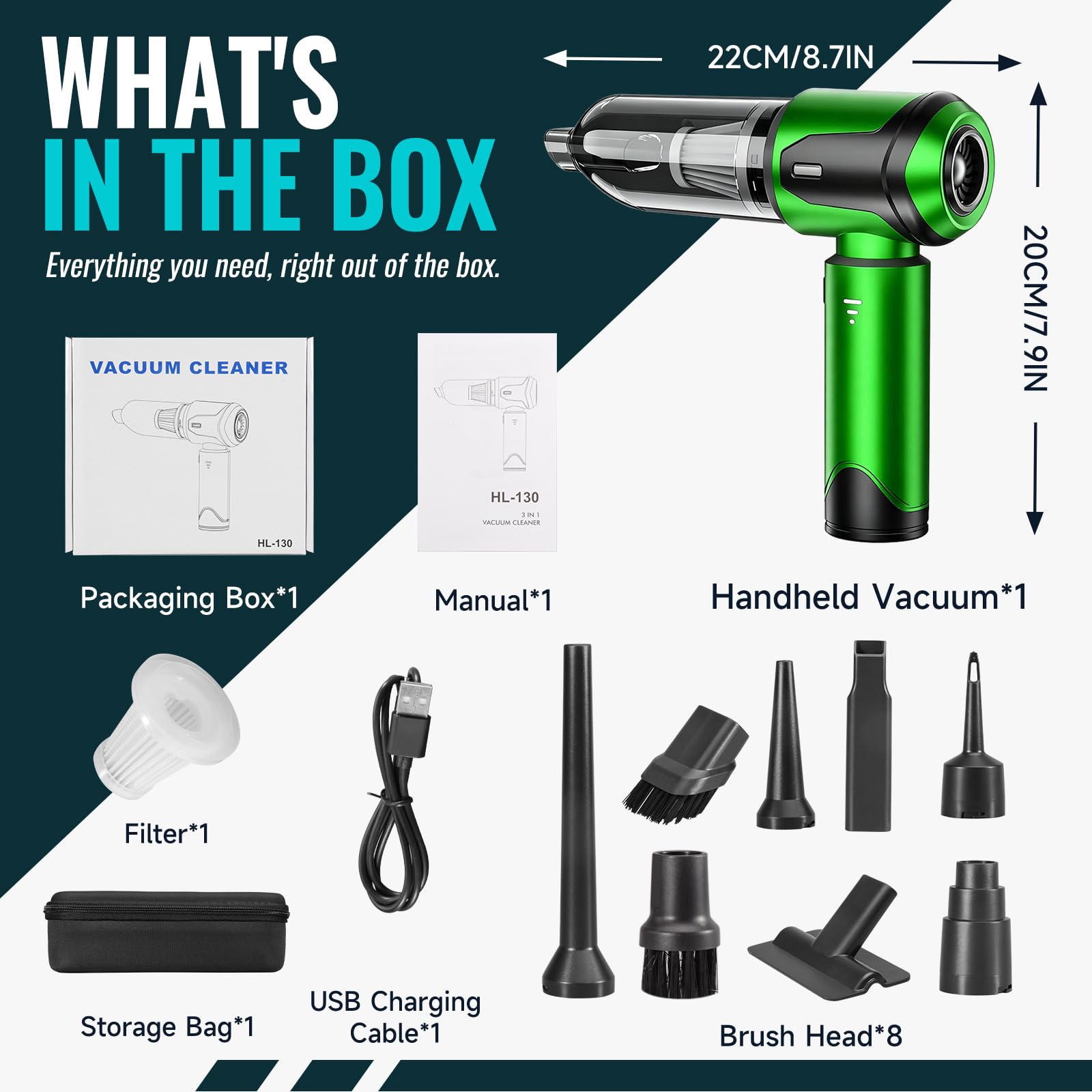Handheld Vacuum Cleaner Car Cordless, 26000Pa 4-in-1 Powerful Car Vacuum Cleaner, Portable Mini Vacuum Air Duster, 3 Speed Vacuum for Car, Home, Pet Hair, Green