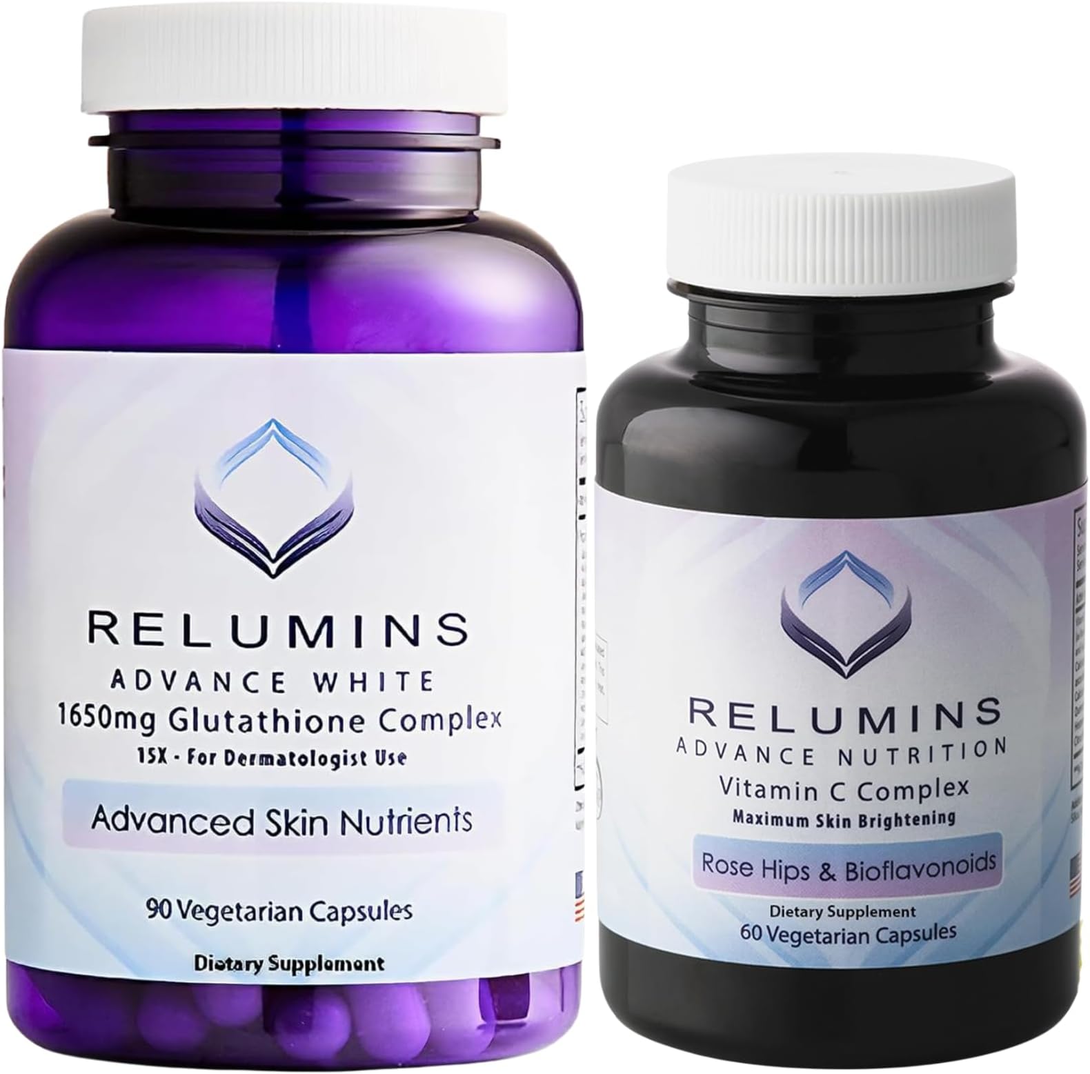 Relumins Advanced White Set - 1650mg Glutathione Complex (90 Capsules) and Advanced Vitamin C with Rose HIPS and Bioflavonoids (60 Capsules) Bundle, 1 Month Supply