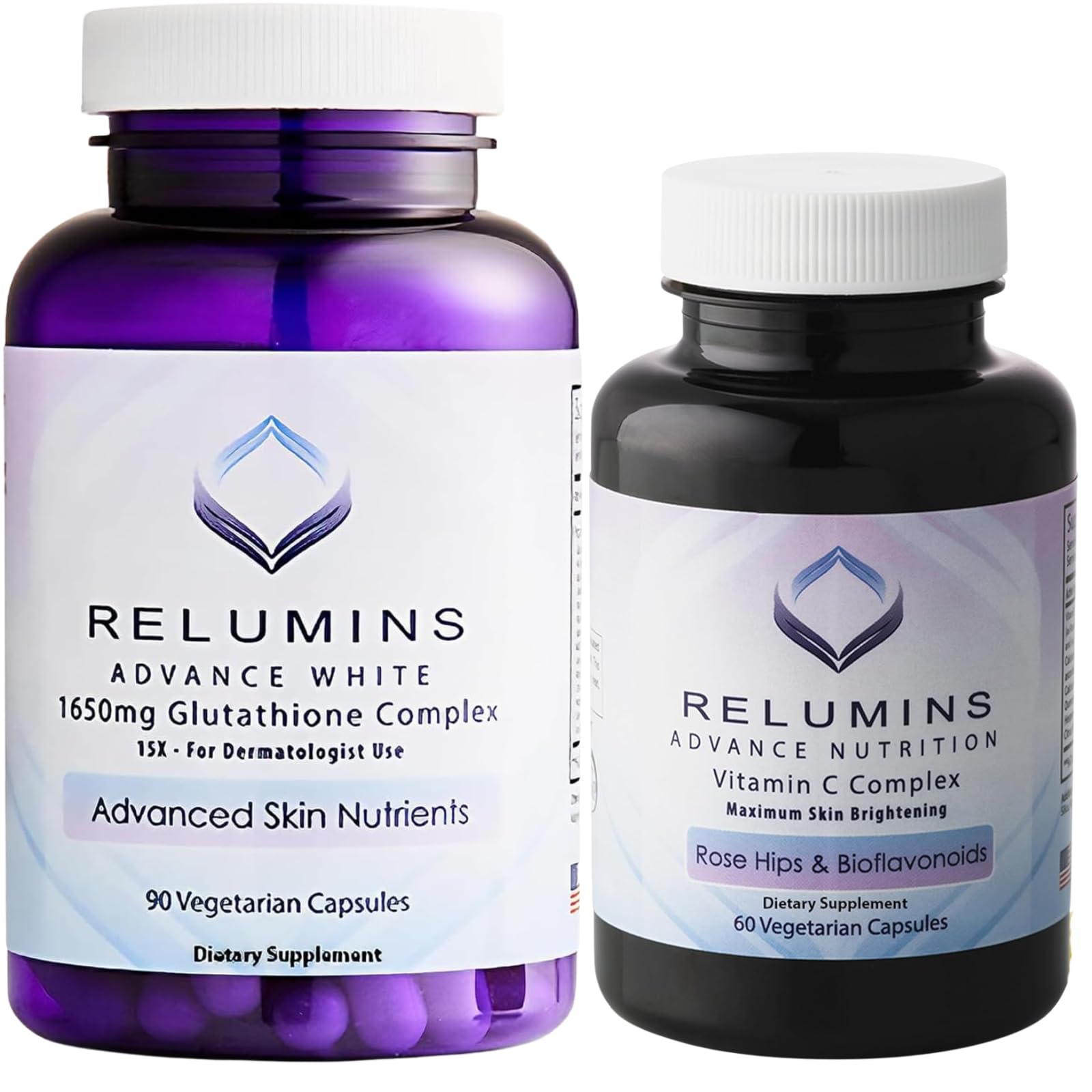 Advanced White Set - 1650mg Glutathione Complex (90 Capsules) and Advanced Vitamin C with Rose HIPS and Bioflavonoids (60 Capsules) Bundle, 1 Month Supply