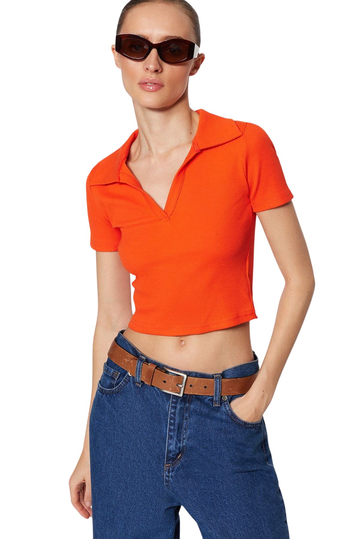 Trendyol Women's Woman Slim fit Basic Polo Neck Knit Blouse, Red, M