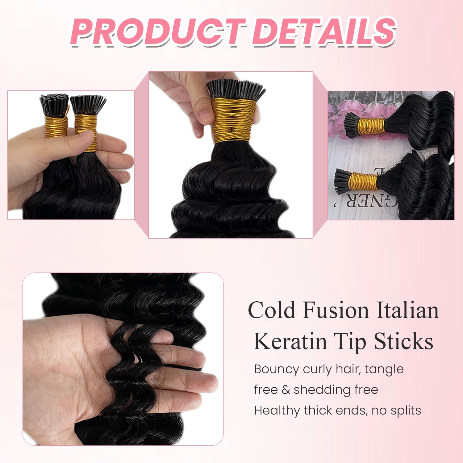 I Tip Hair Extensions Human Hair Deep Wave Microlink Beads Extension 100 Strands 50G Natural Color Curly Real Remy Stick Tip Pre Bonded Extensions for Black Women #1B 14 Inch