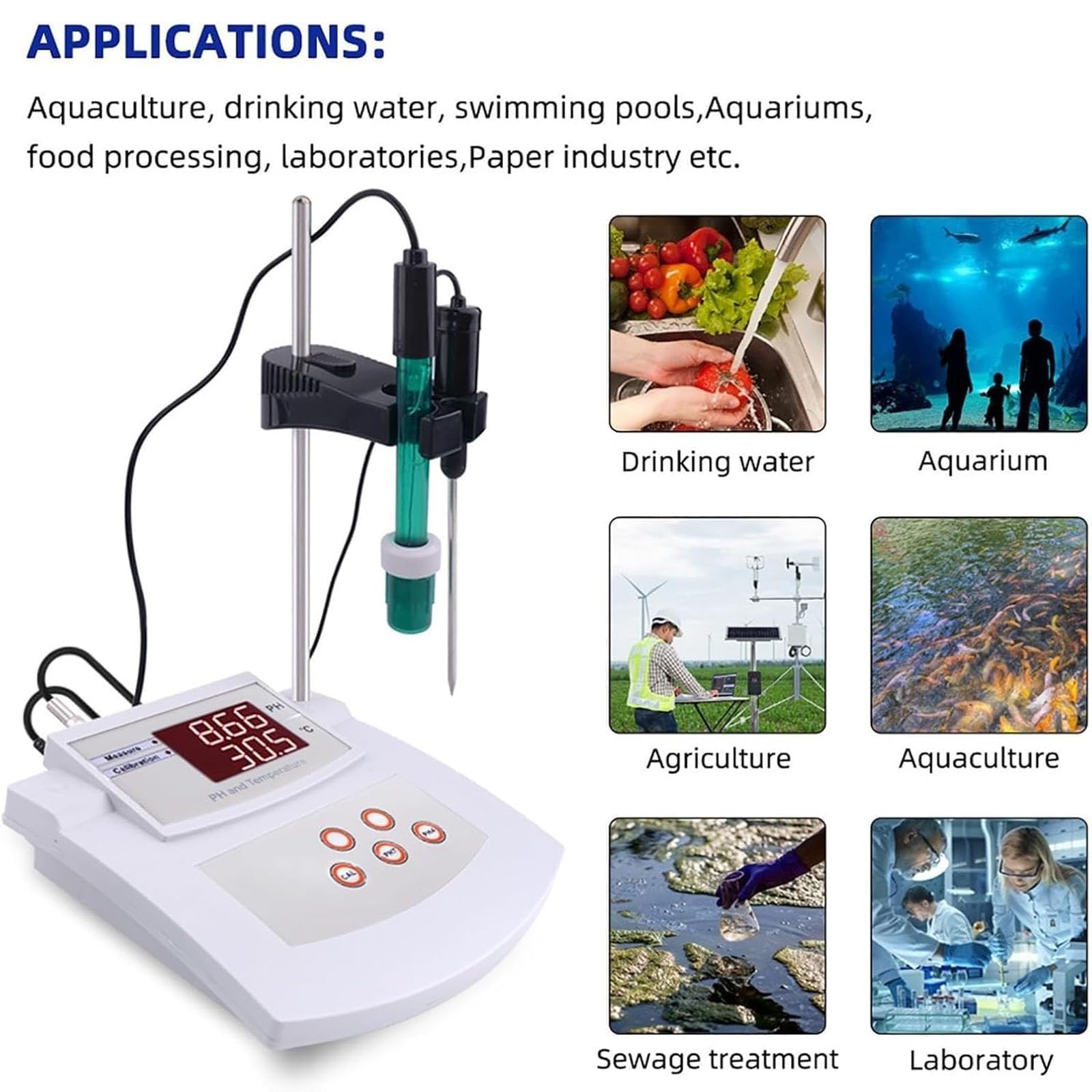 JOSBY Tisch-ph-Meter, Ph-wert- Und Temperaturmessgerät, Automatische Säurekalibrierung, Mit Led-anzeige Und Elektrodenständer Für Aquakultur, Labor, Trinkwasser Und Schwimmbäder