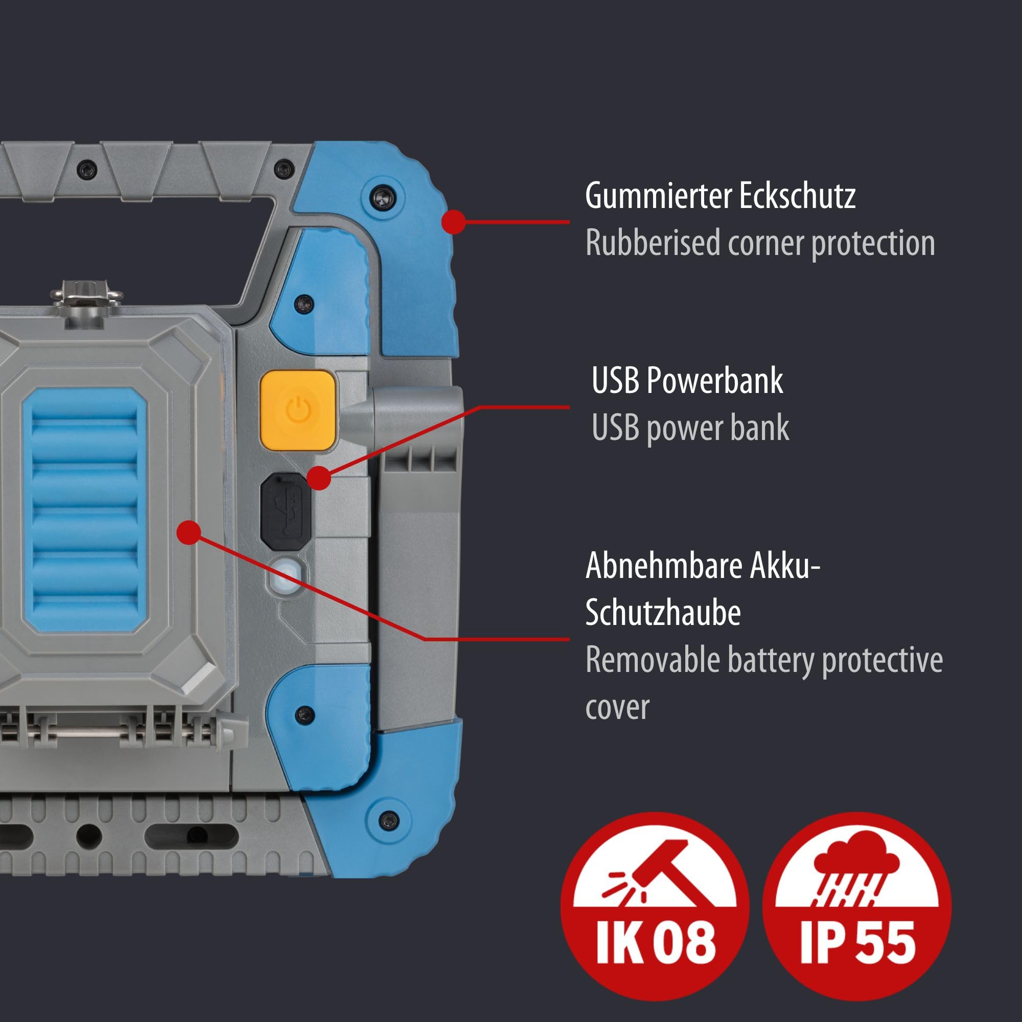 Brennenstuhl Professional LED Akku Arbeitsstrahler BS 5000 MA/Baustrahler 6000lm (Kompatibel zum Bosch Professional 18V Akku System, IP55, 2 Schaltstufen, dimmbar, ohne Engineered in Germany)