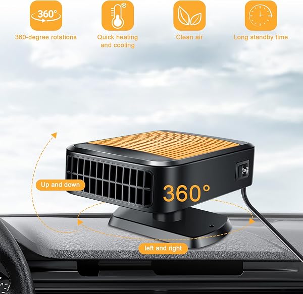 Chauffage de voiture 12 V 200 W 2 en 1 - Chauffage et refroidissement rapides avec rotation à 360 ° - Chauffage portable pour connexion à l'allume-cigare - Dégivreur de pare-brise pour - 5