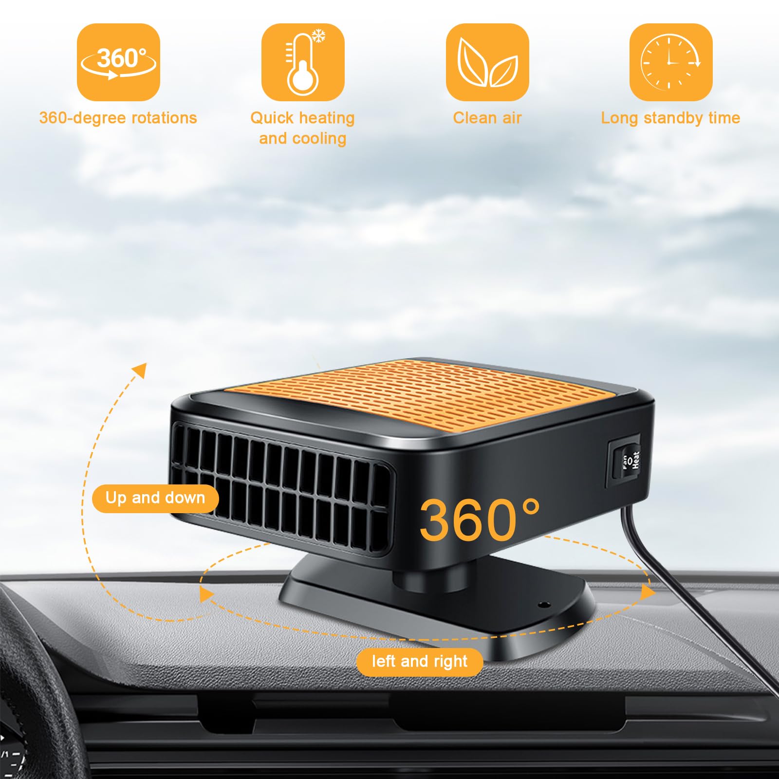 Chauffage de voiture 12 V 200 W 2 en 1 - Chauffage et refroidissement rapides avec rotation à 360 ° - Chauffage portable pour connexion à l'allume-cigare - Dégivreur de pare-brise pour - 5