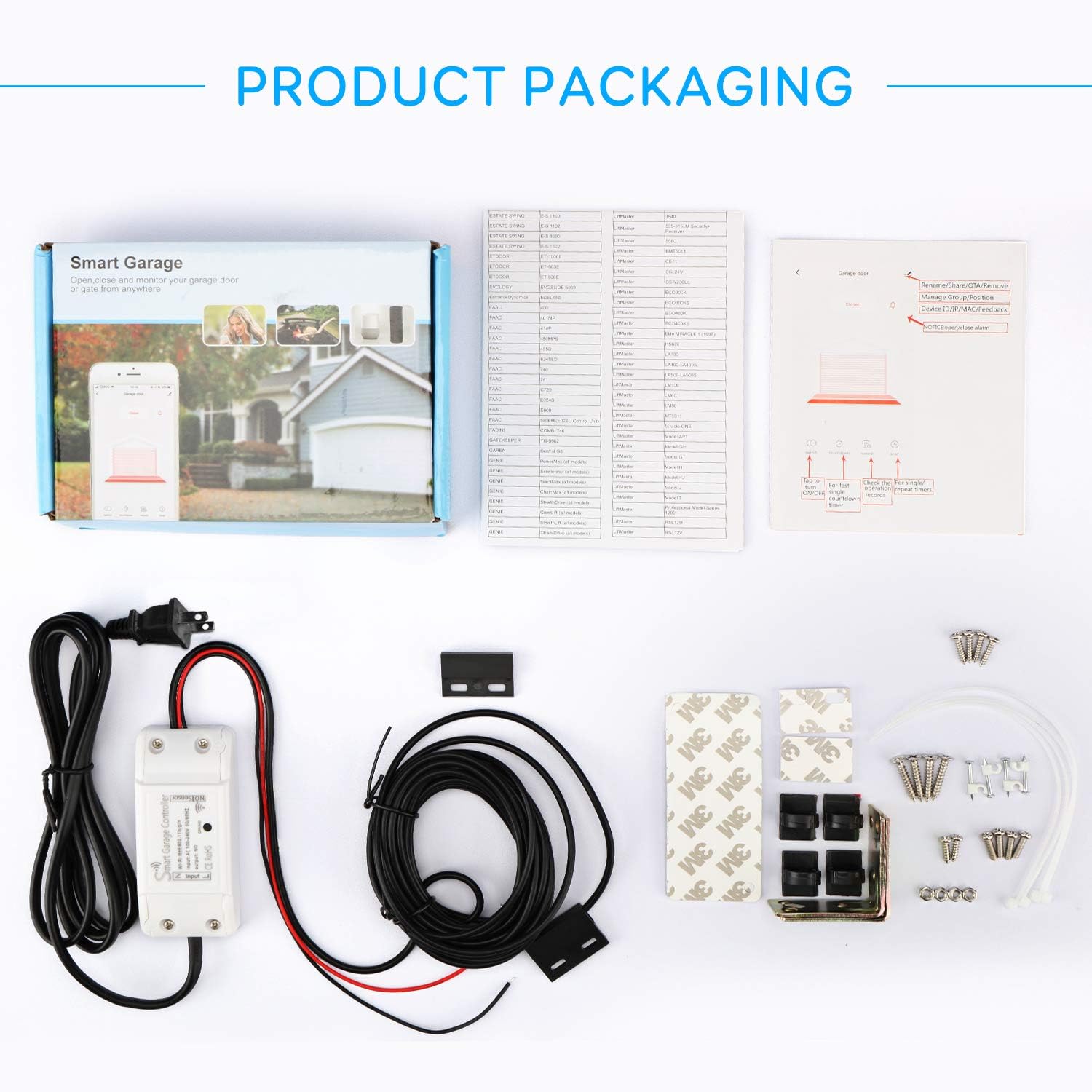 Maxcio Smart WiFi Garage Door Opener package contents including the main controller, sensor, cables, and mounting hardware.