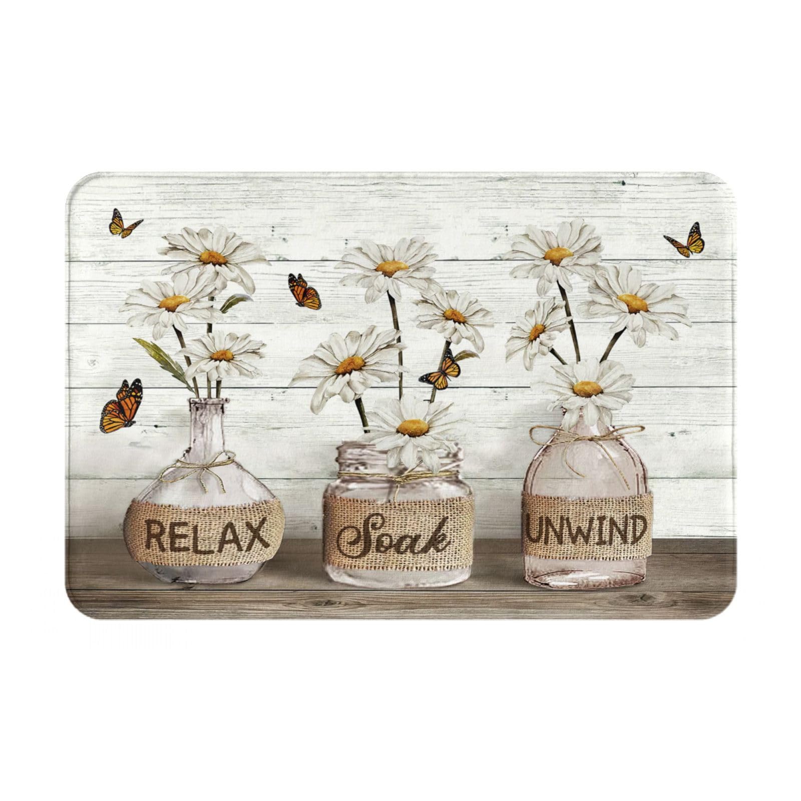 White Daisy Bath Mat Farmhouse Floral Bath Rug Non Slip Quick Dry Rustic Country Bathroom Mat Rug for Bathroom Kitchen Tub Shower Sink Outdoor 16"x24"