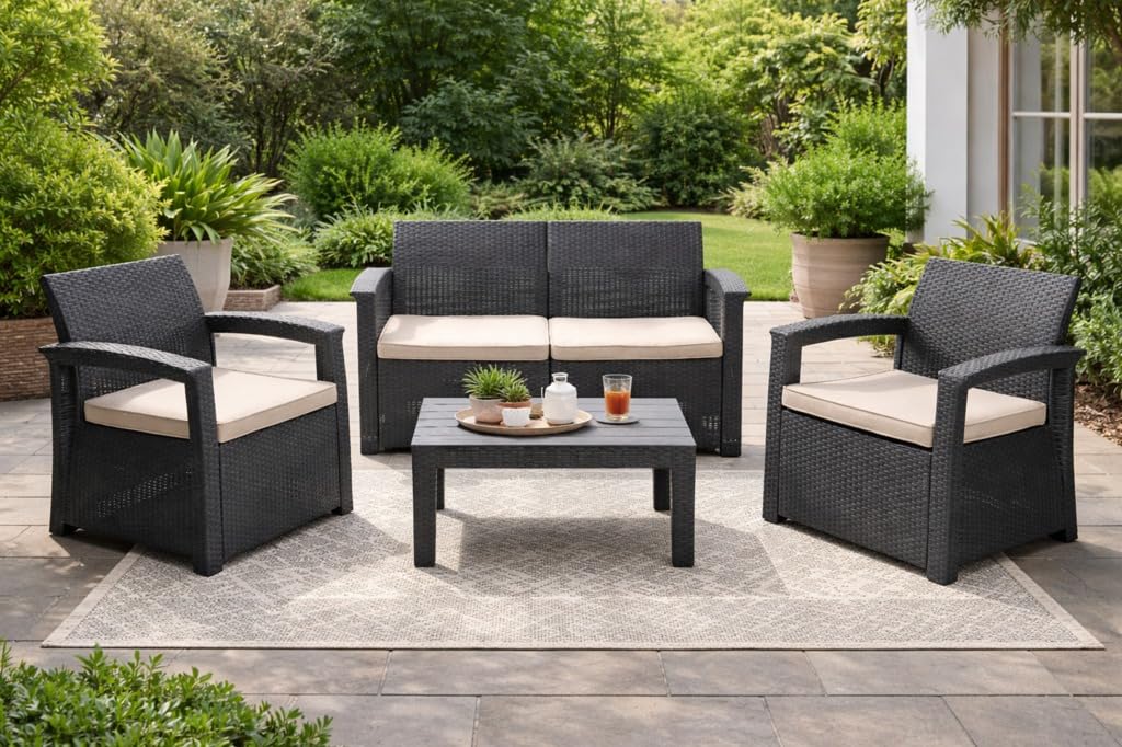 MUEBLIX.COM - Conjunto de Jardín Raeiros, Sofá de 2 Plazas más 2 Butacas y Mesa, Set de Muebles de Jardín Exterior para 4 Personas, Cojín de Tela, Polipropileno con Acabado Ratán, Gris