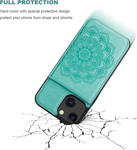 Miniatura 5 de Vaburs Funda tipo cartera para iPhone 13 Mini, funda con función atril y soporte para tarjeta de crédito, diseño floral de mandala en relieve de