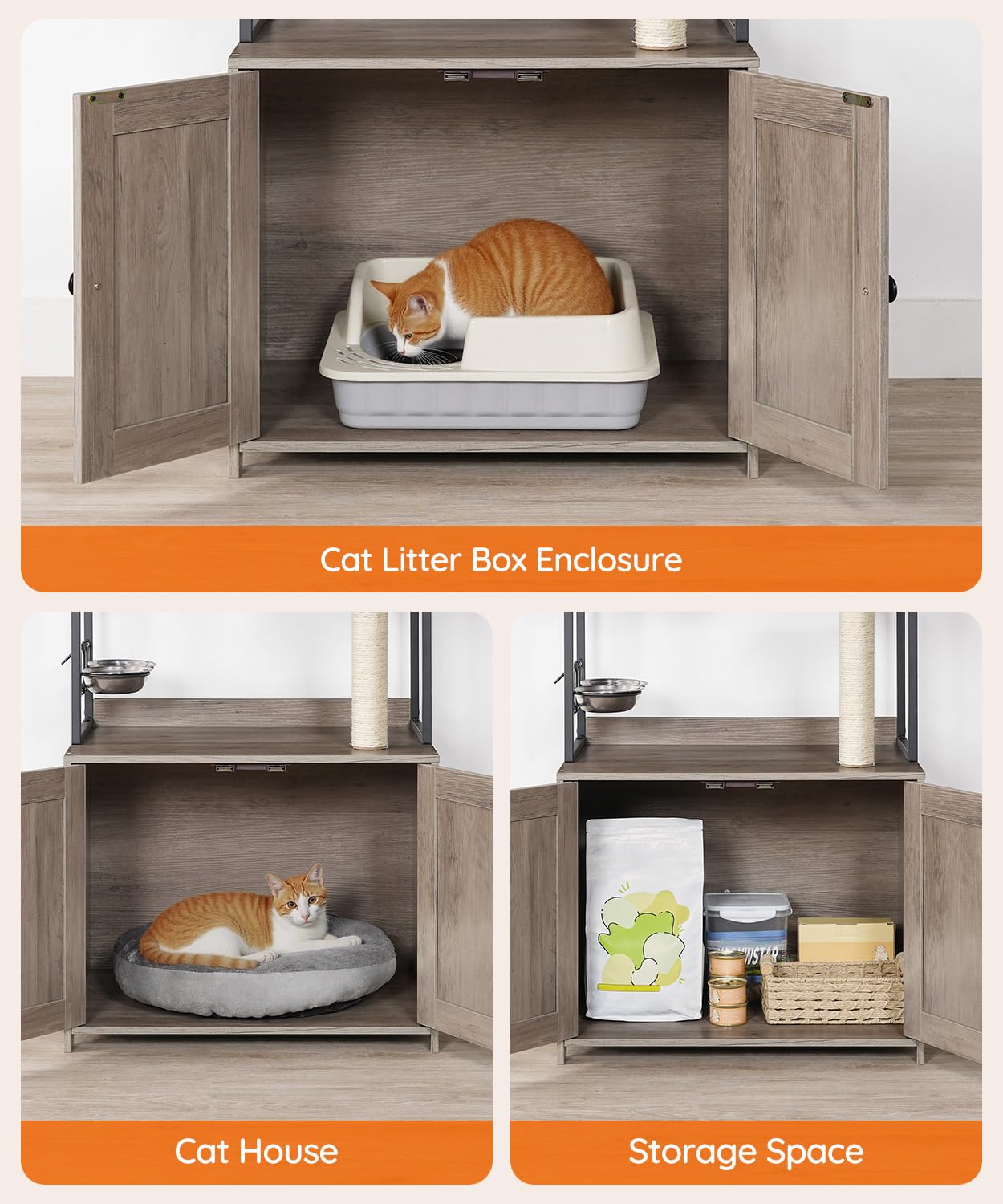 HOOBRO Cat Tree with Litter Box Enclosure, 58.7" H Cat Tower with Hidden Litter Box Furniture, with Scratching Post, Step, Hammock, Multifunctional Pet Furniture with Food Bowls, Greige BG30MZ03G1 - image 4