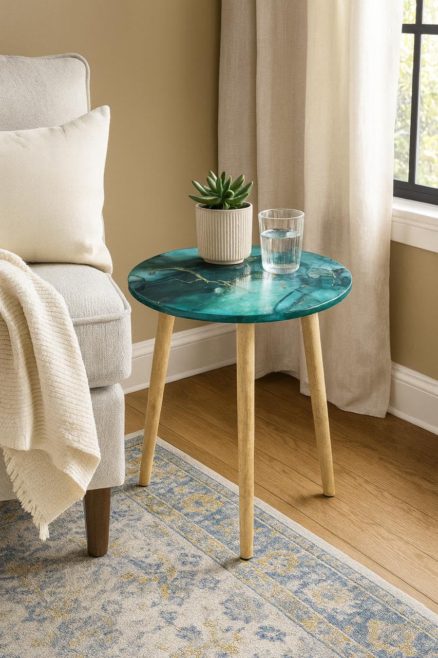 ETIQUETTE ART Round Side Table, Resin Art Design Table Coffee End Table for Bedroom, Living Room, Small Spaces, Easy Assembly Tea Table with Natural Wood Legs, (Faux Green 16 INCH)-image-34
