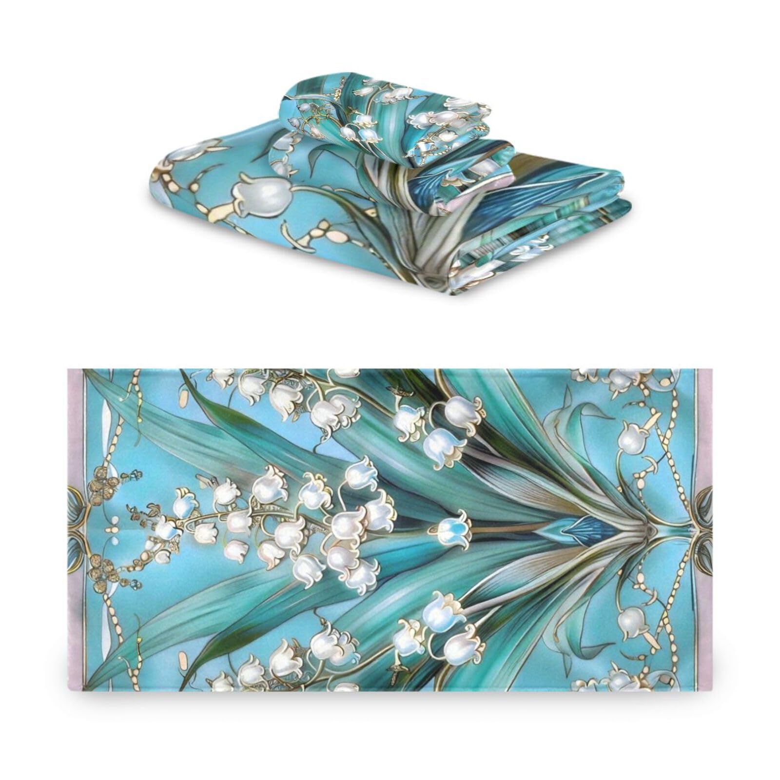 Boho Lily Of Valley Floral Blue Doccia Asciugamani Viso Set 3 Pezzi, 1 Asciugamano da Bagno 1 Asciugamano 1 Asciugamano per il corpo Viso Bagno