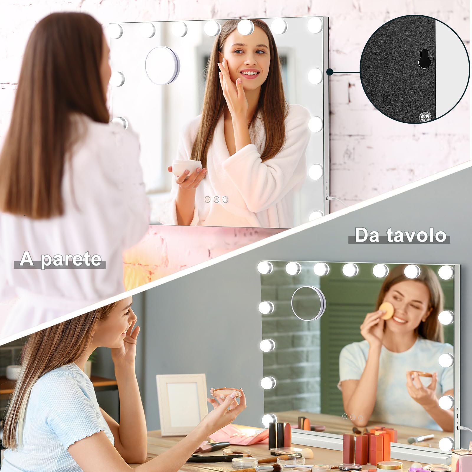 Moziel 58x45cm Specchio da Trucco Illuminante Professionale con 15 LED Regolabili, 3 Luci (Calda/Naturale/Fredda), Lente 10X Rimovibile e Montaggio Parete/Scrivania - Per Makeup Artist, Casa e Bagno