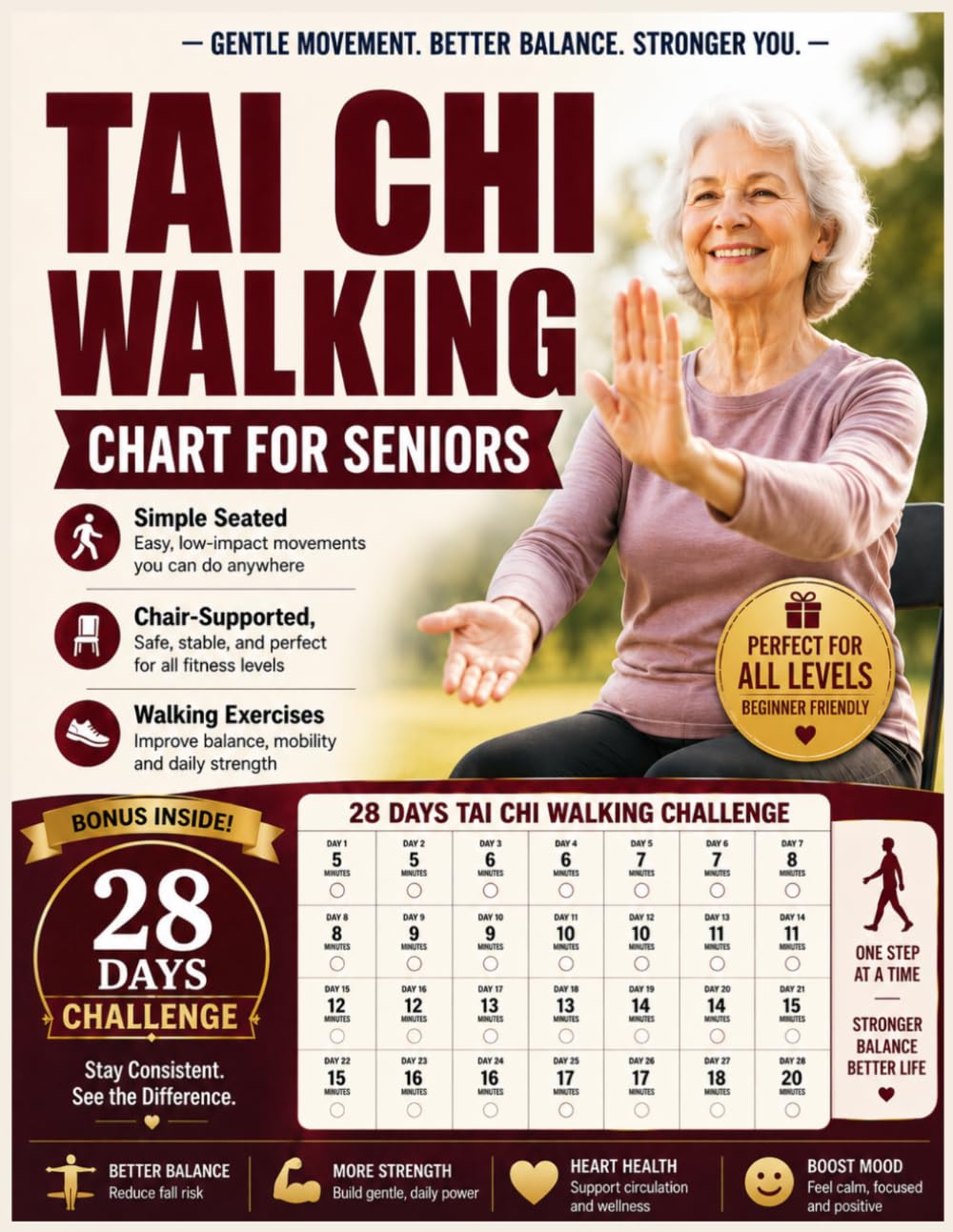 Tai Chi Walking Chart For Seniors: A Gentle 28-Day Workbook with Simple Seated, Chair-Supported, and Walking Exercises to Build Steady Movement, Confidence, and Daily Balance Awareness