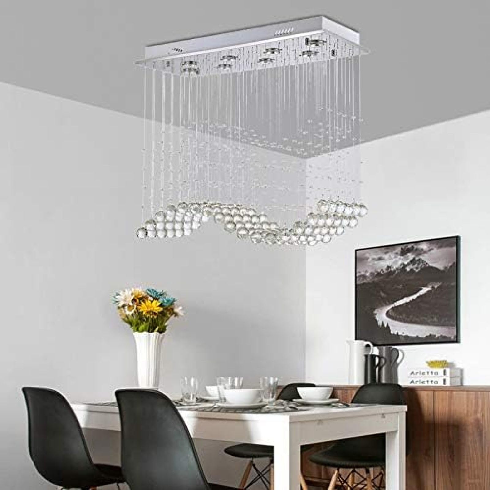 Moderne Kristallen Kroonluchterverlichting Rechthoekige K9 Crystal Wave Raindrop-kroonluchter Lichtarmatuur Voor Eetkamer Hal 8GU10 Lamp Inbouw LED- plafondlamp Voor Wonen,Spiegel (chroom),Bonny369