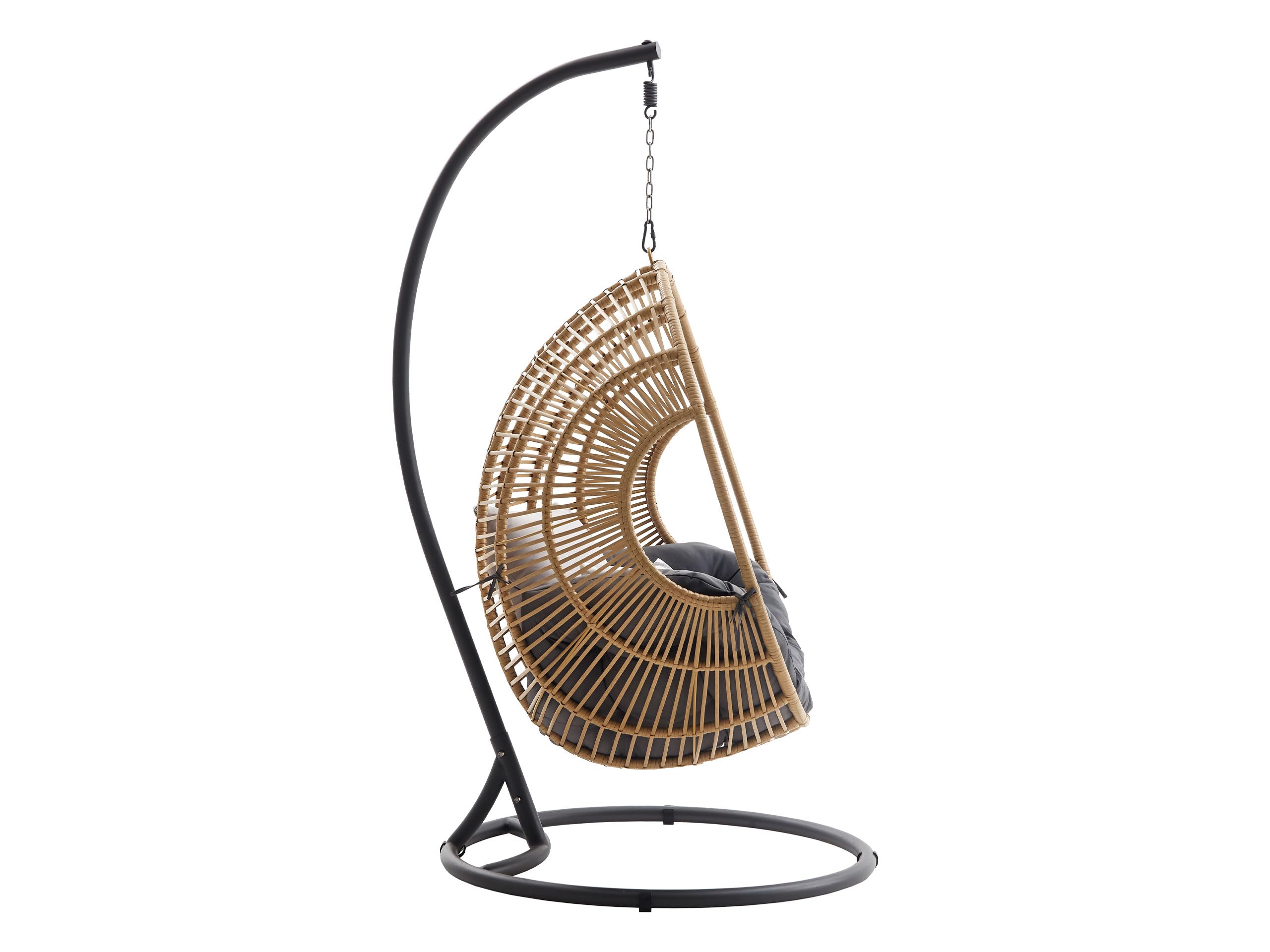Mirjan24 Hängesessel mit Gestell und Kissen Nora, Hängestuhl mit Rückenkissen, Hängesitz, Hängekorb, Stahlskelett, Indoor & Outdoor (grau/natürliches Rattan + Kissen: grau 17)