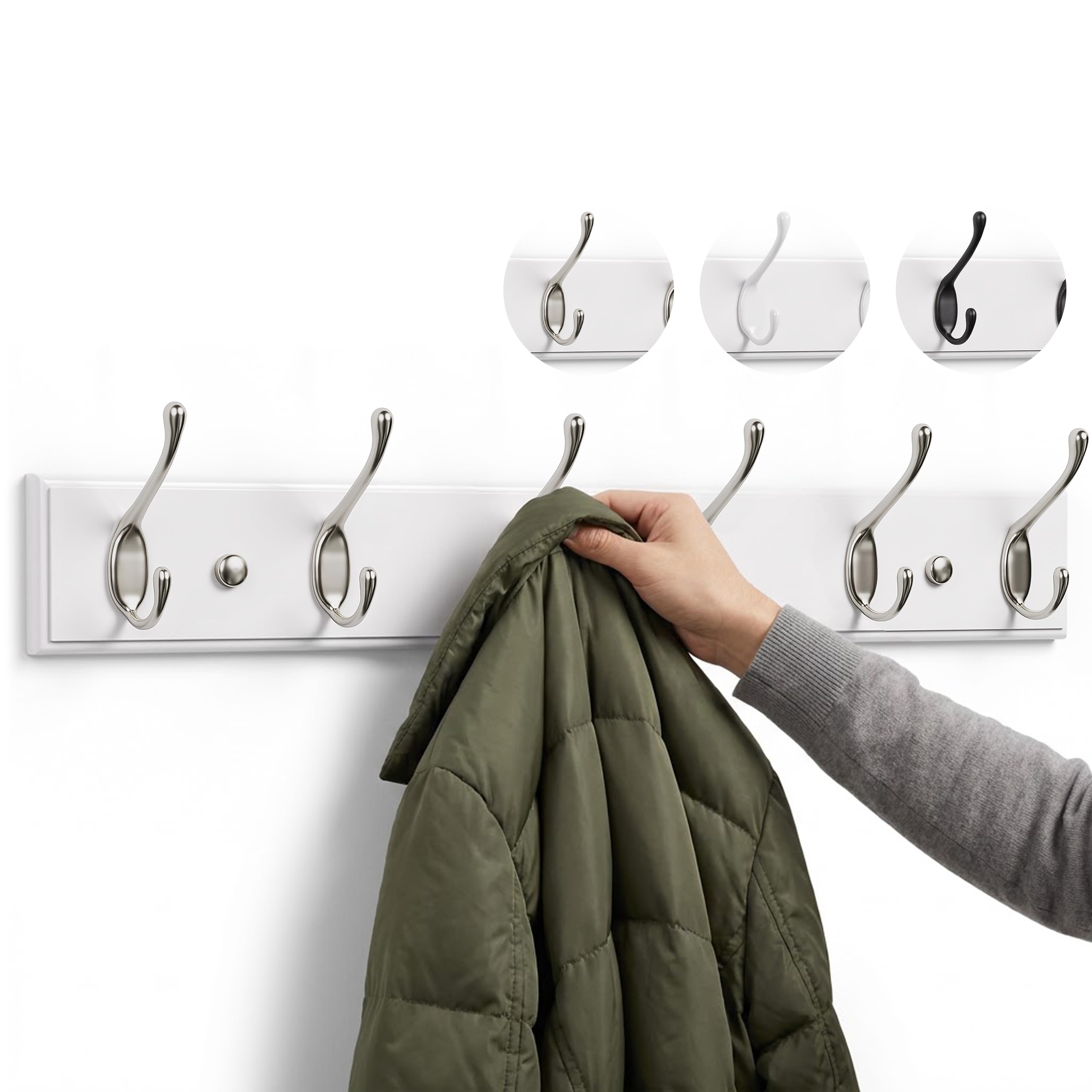 LARHN White Coat Hooks Wall Mounted Coat Rack - 6 Matt-Nickel Wall Hooks - 59 cm - All Fixings Included for Quick & Easy Installation