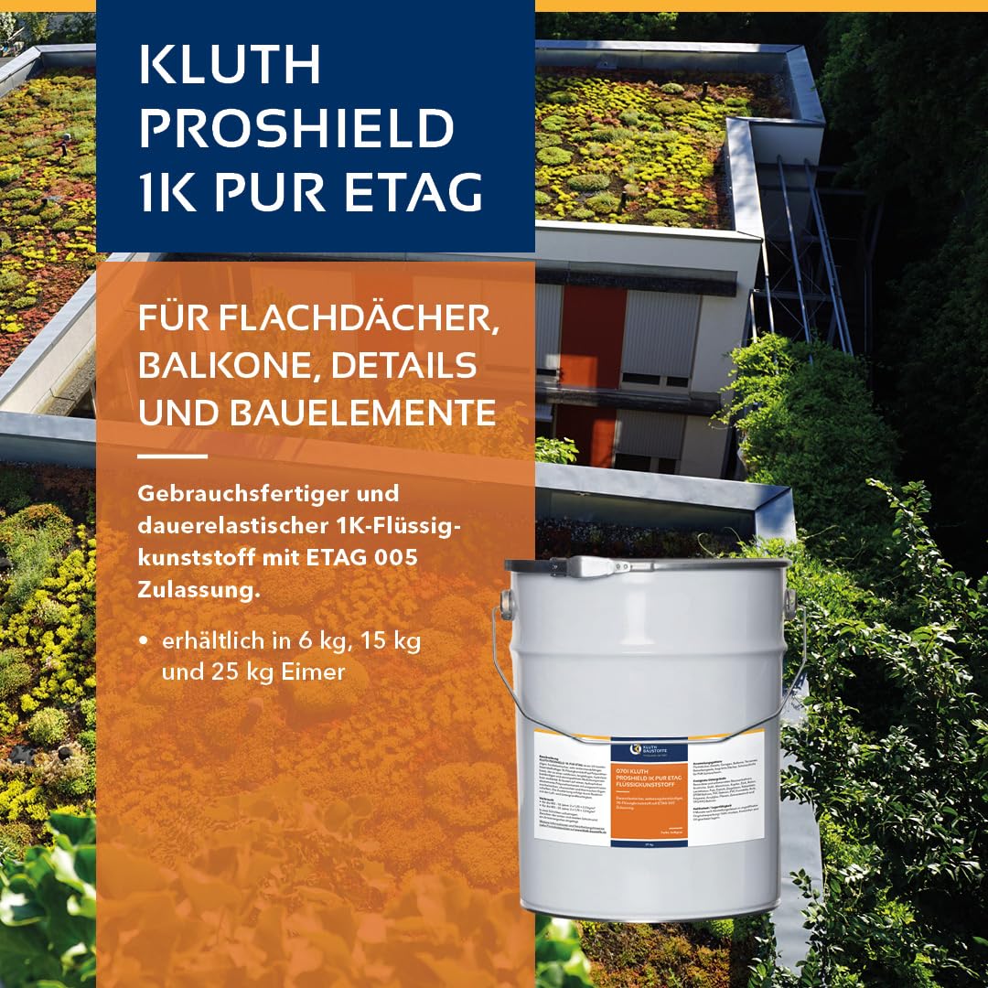 Kluth PROSHIELD 1K PUR ETAG Flüssigkunststoff - 6kg - Abdichtung für Flachdach, Balkon, Detailanschlüsse und Bauelemente - hellgrau