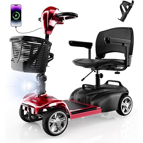 iScooter 4 Wheels Mobility Scooter, Up to 300LBS Mobility Scooter for Seniors & Adults, Foldable Electric Wheelchair Device, LED Headlight, Basket, Cup Holder,Long Range,USB Charging