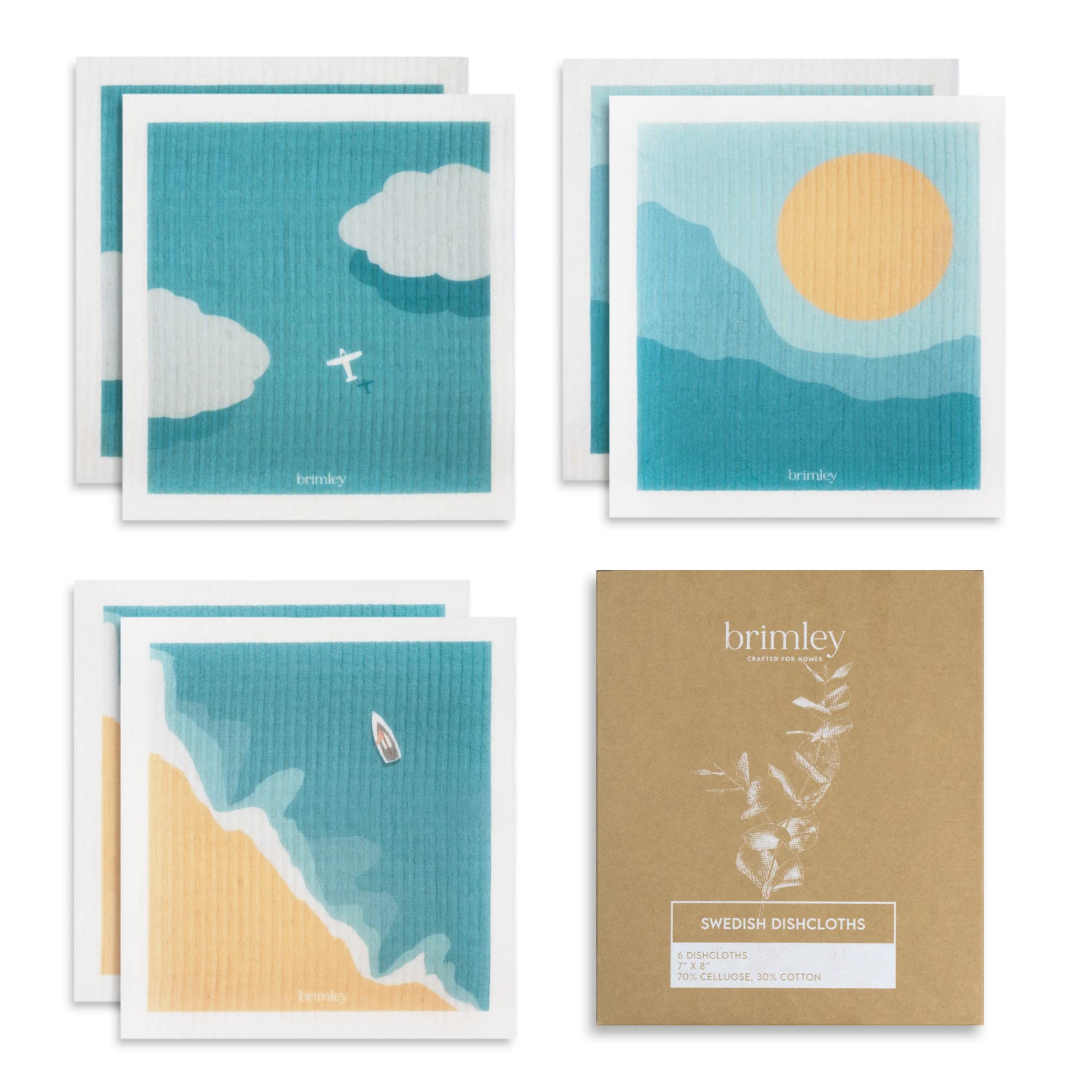 Brimley Pack of 6 Reusable Swedish Dishcloths, Cellulose Sponge Cloths, Eco-Friendly Absorbent Dish Cloth, 100% Biodegradable (Sun)