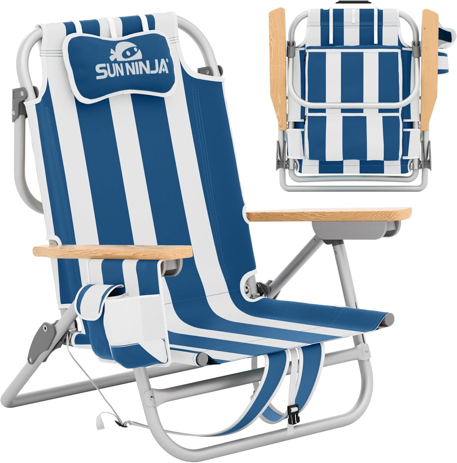 sun ninja beach chair – folding chair for beach with 5 reclining positions, cup & phone holder, insulated back storage pouch, portable lightweight aluminum frame - navy stripes 1pc