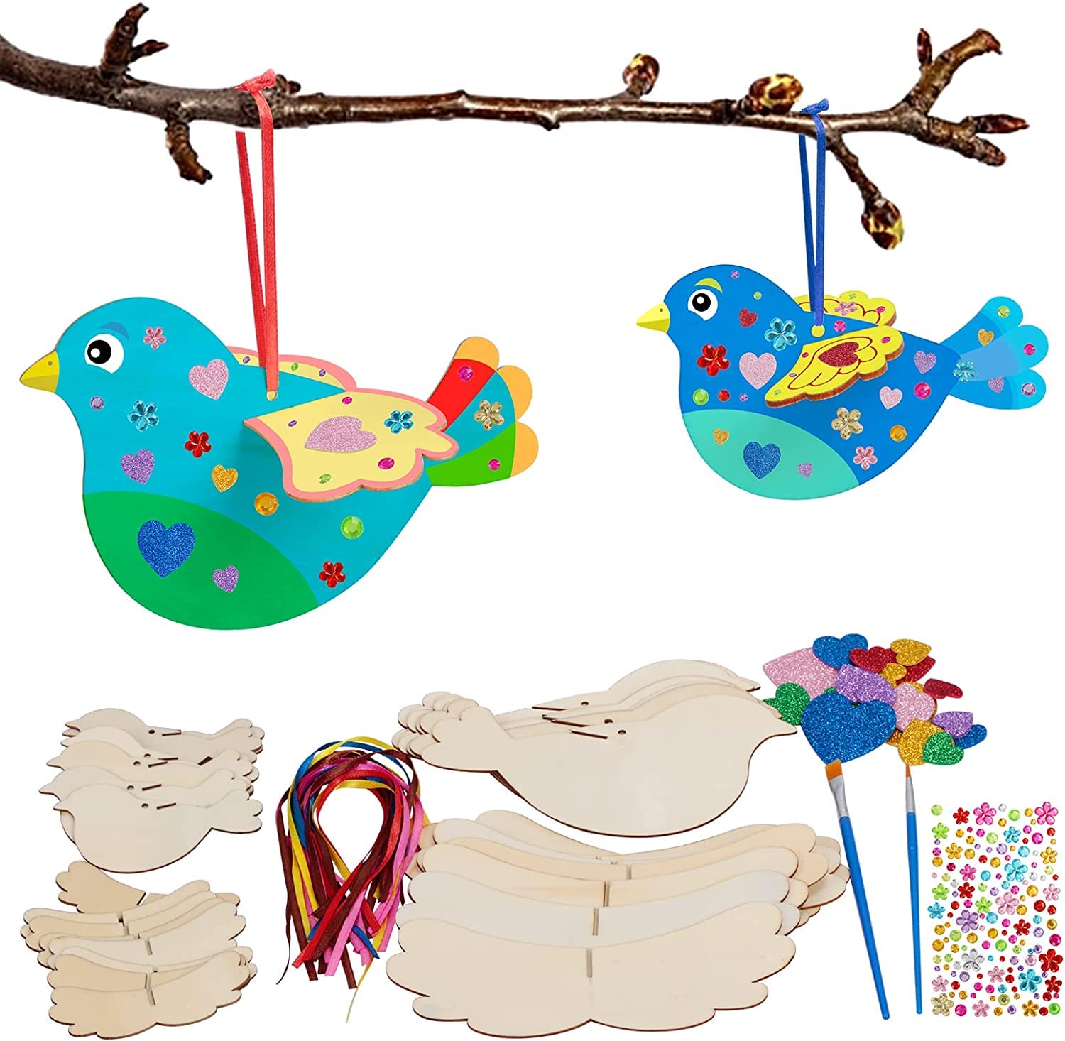 SYOSI Mobile Make Your Own Wooden Bird Crafts for Kids DIY Paint and Build Your Own Wooden Animal Crafts Set for Boys Girls Birthday Creative Activities Gift, Pack of 8