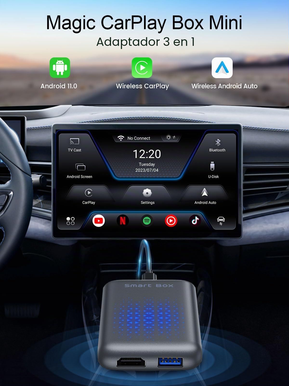CarPlay Adaptador Inalámbrico 3 en 1 para Apple CarPlay y Android Auto, Módulo AI Box con Netflix, Youtube, TikTok