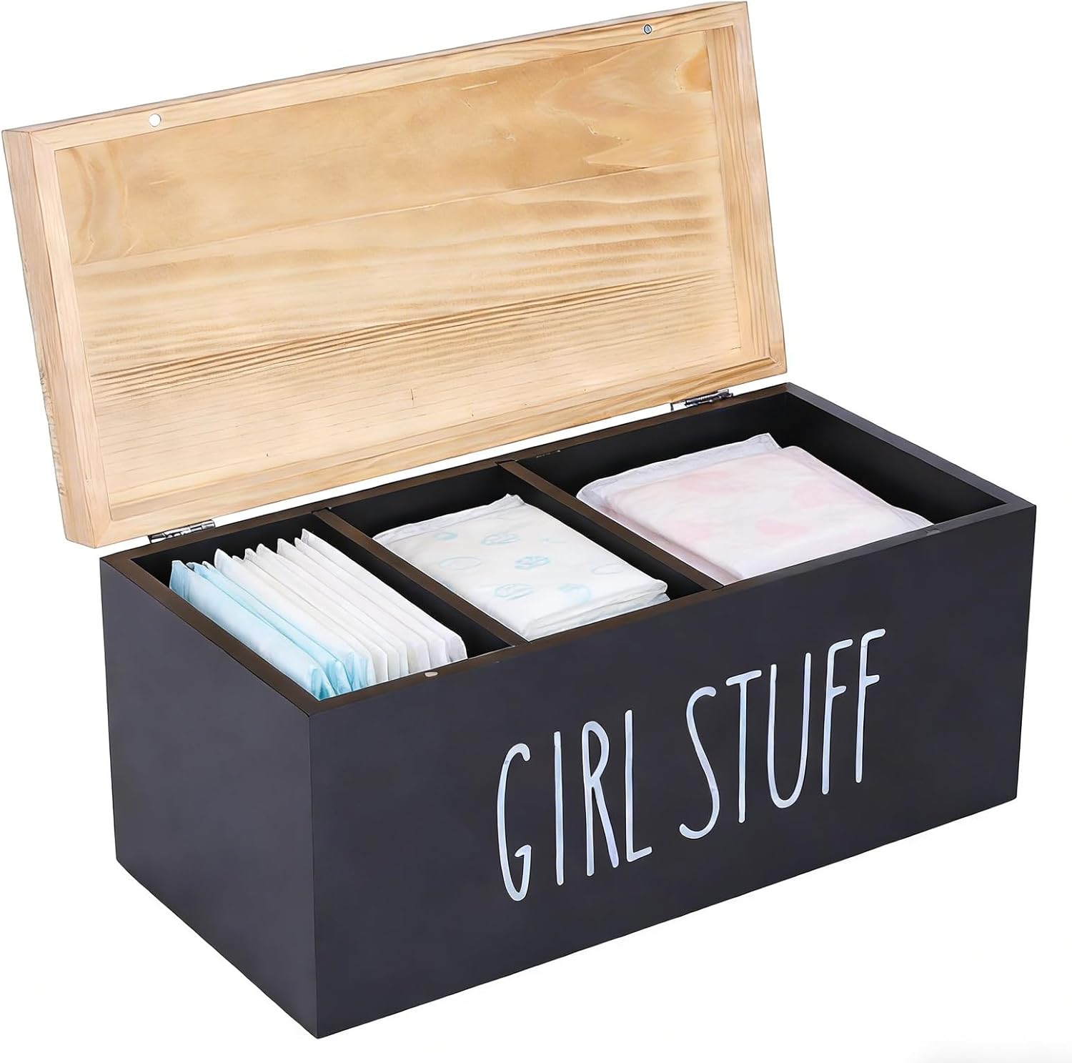 Bathroom Tampon Holder, Wooden Box With Lid, Covered Tray Organizer, Feminine Hygiene Storage Caddy for Countertop Vanity, Rustic Farmhouse Decor, Discreet Feminine Product Organizer for Guest Bath