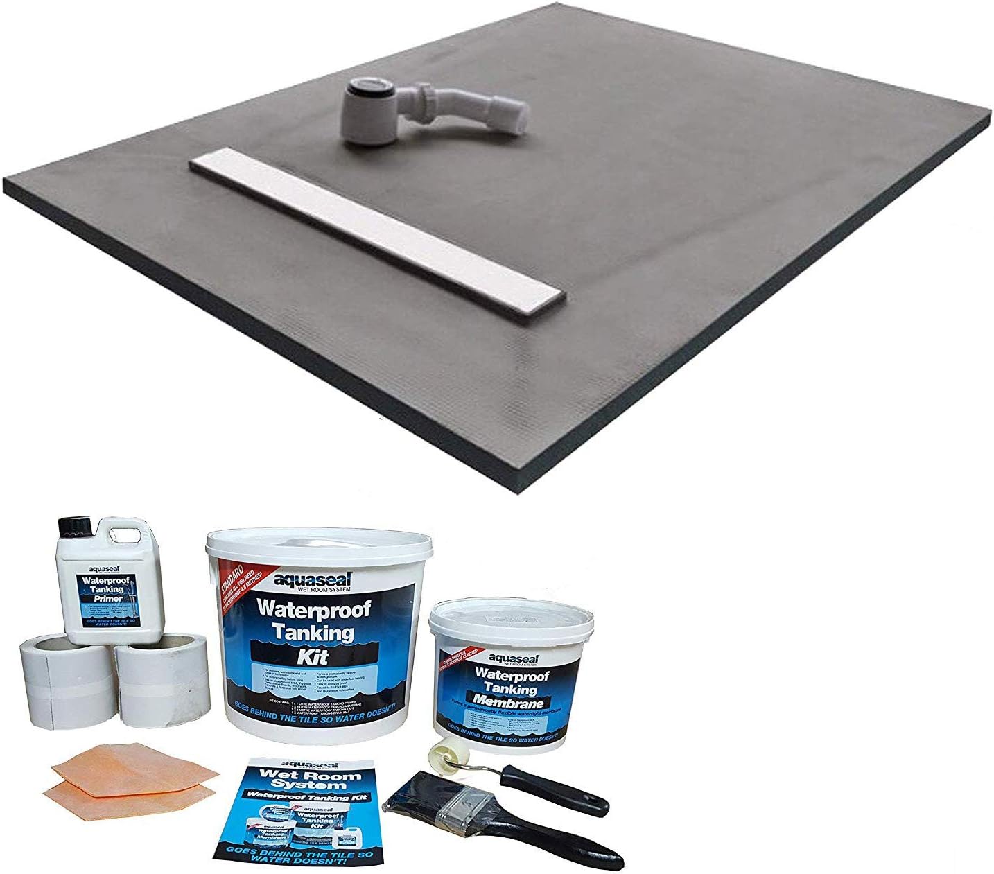 Nassboards Linear Wetroom Shower Tray & Aqua Kit Waterproof and Watertight Design with Drain and Installation Guide Including Sealing Tape, Grate, Base with XPS Quality Standard