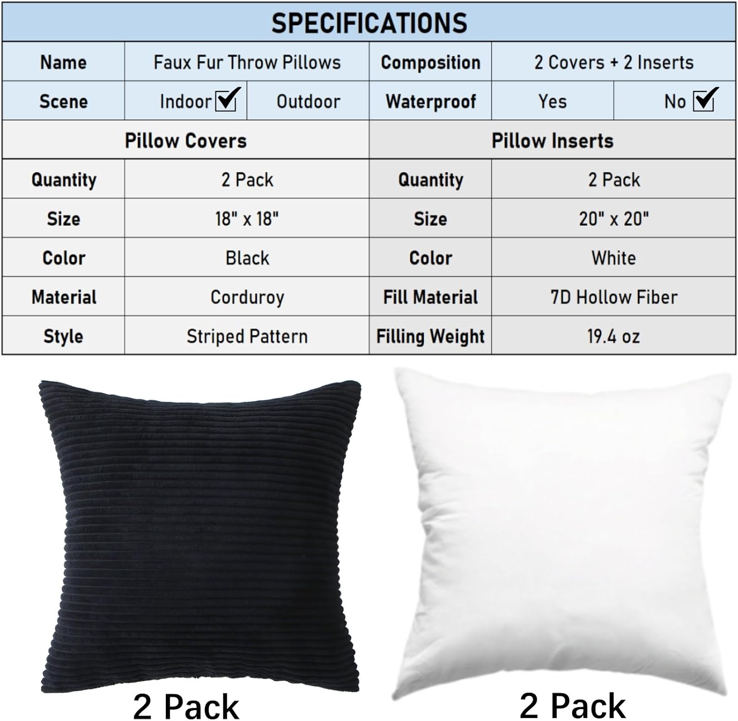 18" x 18" Decorative Throw Pillows with Inserts, 2 Pack Soft Faux Fur Throw Pillows, Square Boho Striped Cushion for Couch Bed Sofa Living Room Decor (Black)