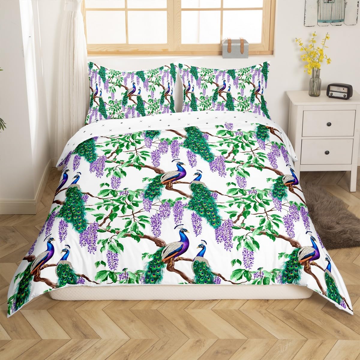 jejeloiu Peacock Bedding Set Toddler Size Animal Theme Bedding Duvet Cover Set Boys Girls Wisteria Flower Comforter Cover Set Floral Botanical Bedspread Cover Purple Flower Quilt Cover 2Pcs